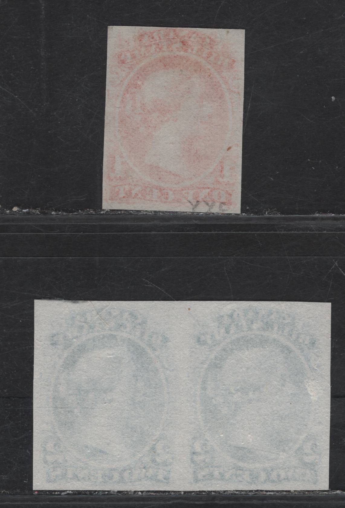 Lot 121 Canada (C) Van Dam#FB19Tc, FB18 1c - 2c Red - Blue Queen Victoria, 1865 Second Bill Issue, 2 Fine/Very Fine Unused Single & Pair, Plate & Trial Color Proofs