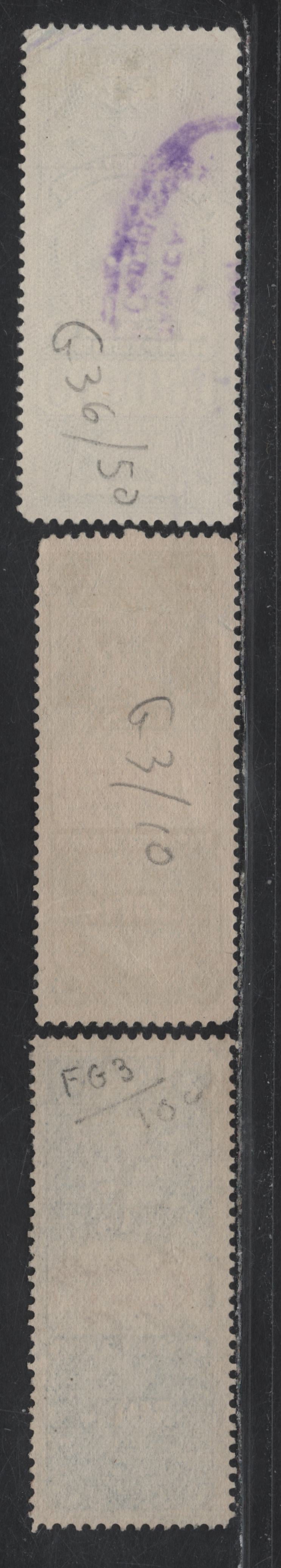 Lot 69 Canada #FG10, FG31a 50c - $3 Light Blue - Blue Crown -King George V, 1875-1915 Gas Inspection Issue, 3 Fine Used Singles, Two Shades of the 1875 issue With 3.5mm Control Numbers, 1915 Issue is A Later Dry Printing