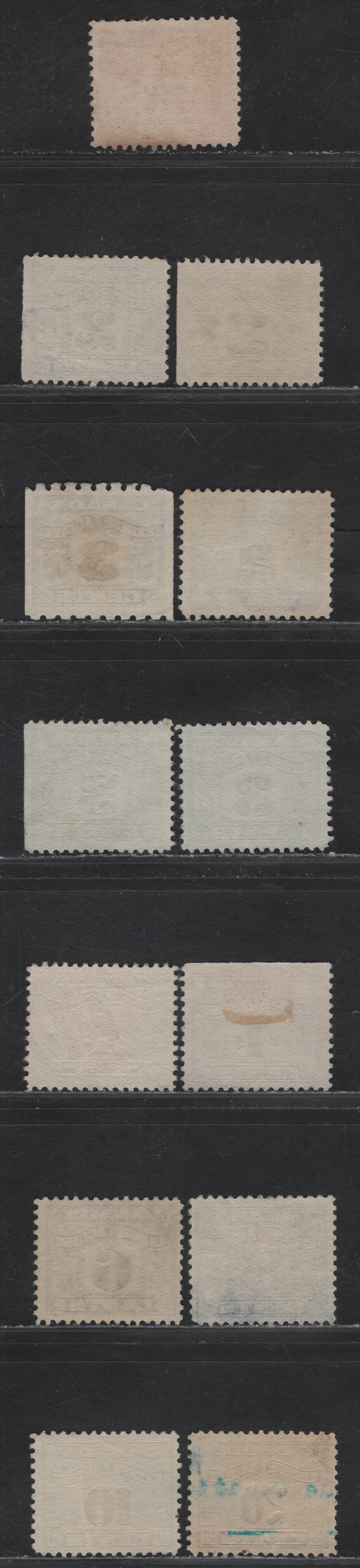 Lot 80 Canada Van Dam#FX35-36, FX38-43, FX47 3/16c - 20c Carmine - Blue & Light Blue Two Leaf, 1915-1928 Two Leaf Excise Tax Issue, 13 Fine/Very Fine Used Singles, Wet & Dry Printings, Additional Shades