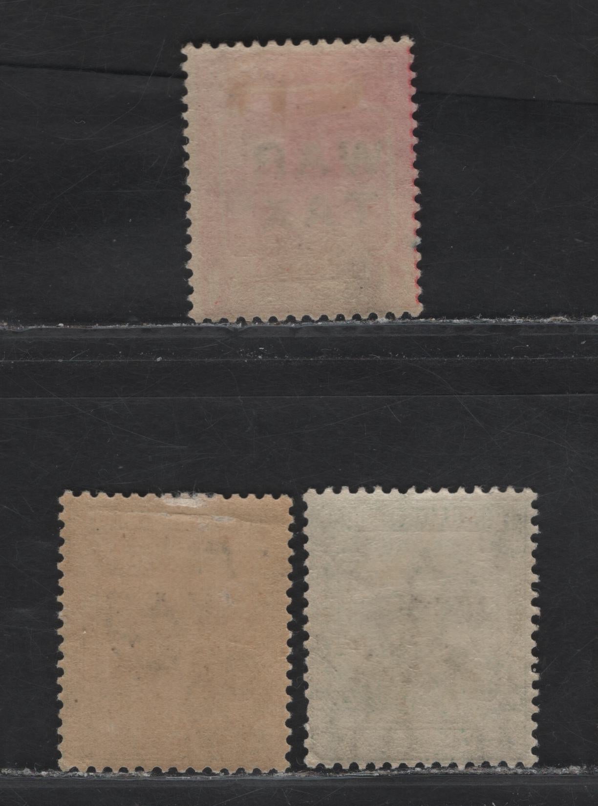 Lot 164 Trinidad & Tobago (C) SG#183-a, 184 1/2d - 1d Deep Green - Red Overprinted Britannia, 1917 War Tax OverprintedIssue, 3 FOG Singles, Closer Spacing Between overprinted Lines, Pale Yellow Green Shade is Unpriced In Gibbons