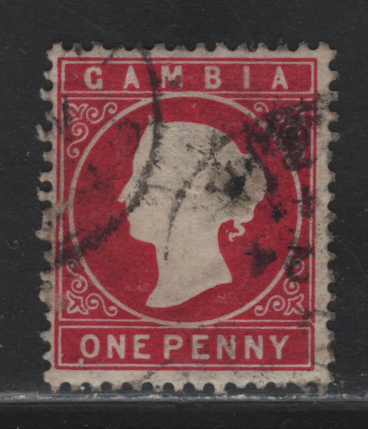 Lot 58 Gambia (C) SG#23a 1d Aniline Crimson Queen Victoria, 1886-1893 Queen Victoria Embossed Cameo Issue, A Fine Used Single, Showing Unlisted White Burr Below O of One, First Plate Flaw I Have Come Across On These Issue