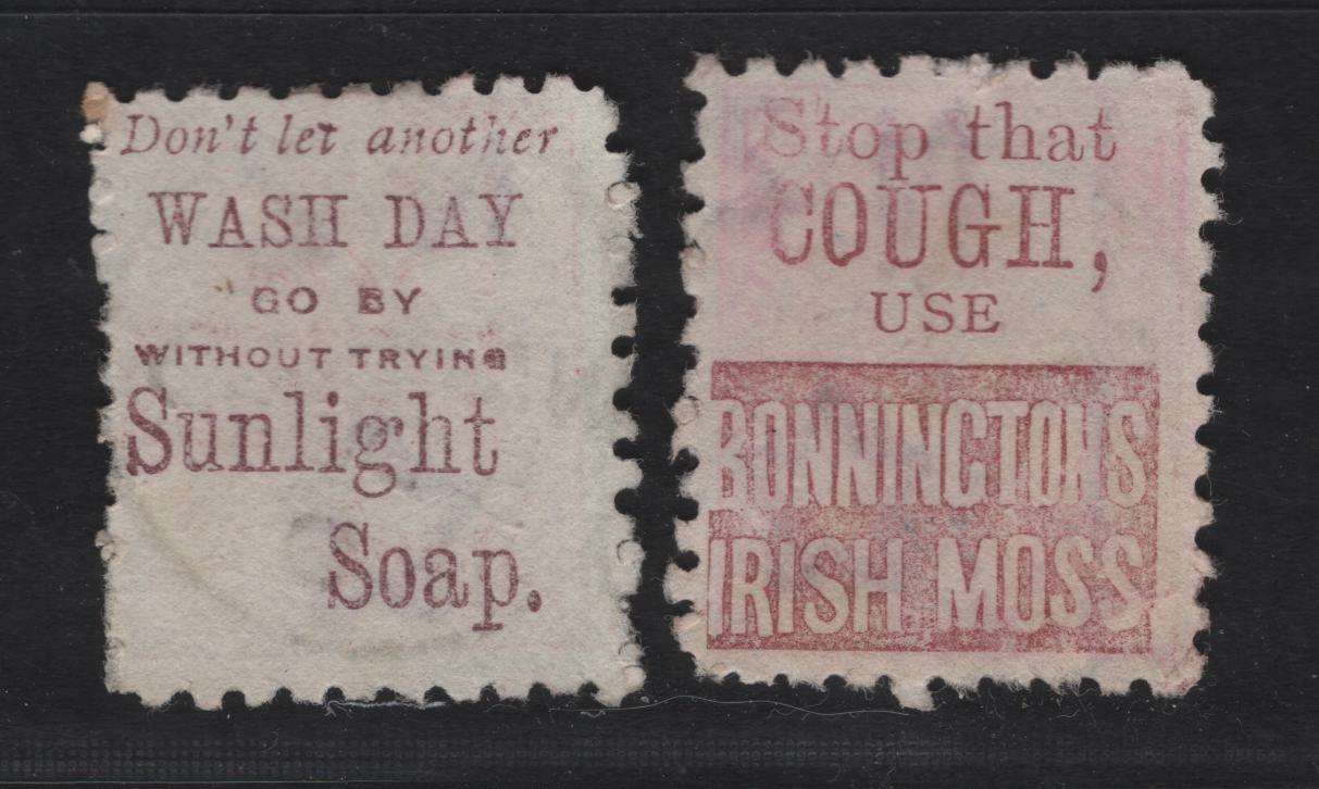 Lot 269 New Zealand (C) SG#218h,i 1c Rose Queen Victoria, 1891-1895 Second Sideface Issue, 2 Very Good/Very Fine Used Singles, SON Town Cancels For Waitapa & Te Aule, Rbrown Red & Brown Purple Adverts On The Back