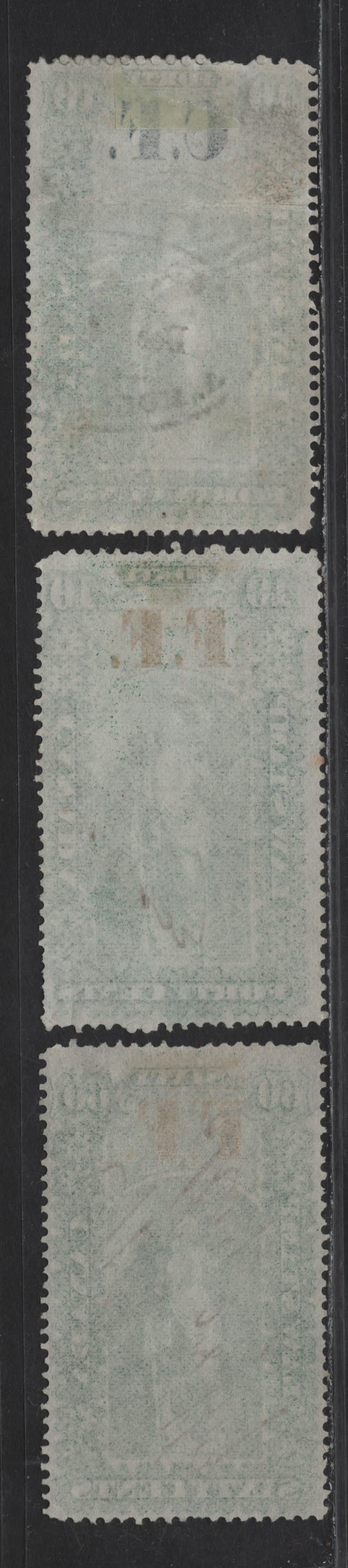 Lot 198 Canada Van Dam#OL5, OL20, OL22 40c - 60c Green Liberty & Scales, 1864 Overprinted CF & PF Law Issue, 3 Very Good/Fine Used Singles, OL5 Has Some Horizontal Wrinkles, Province of Ontario