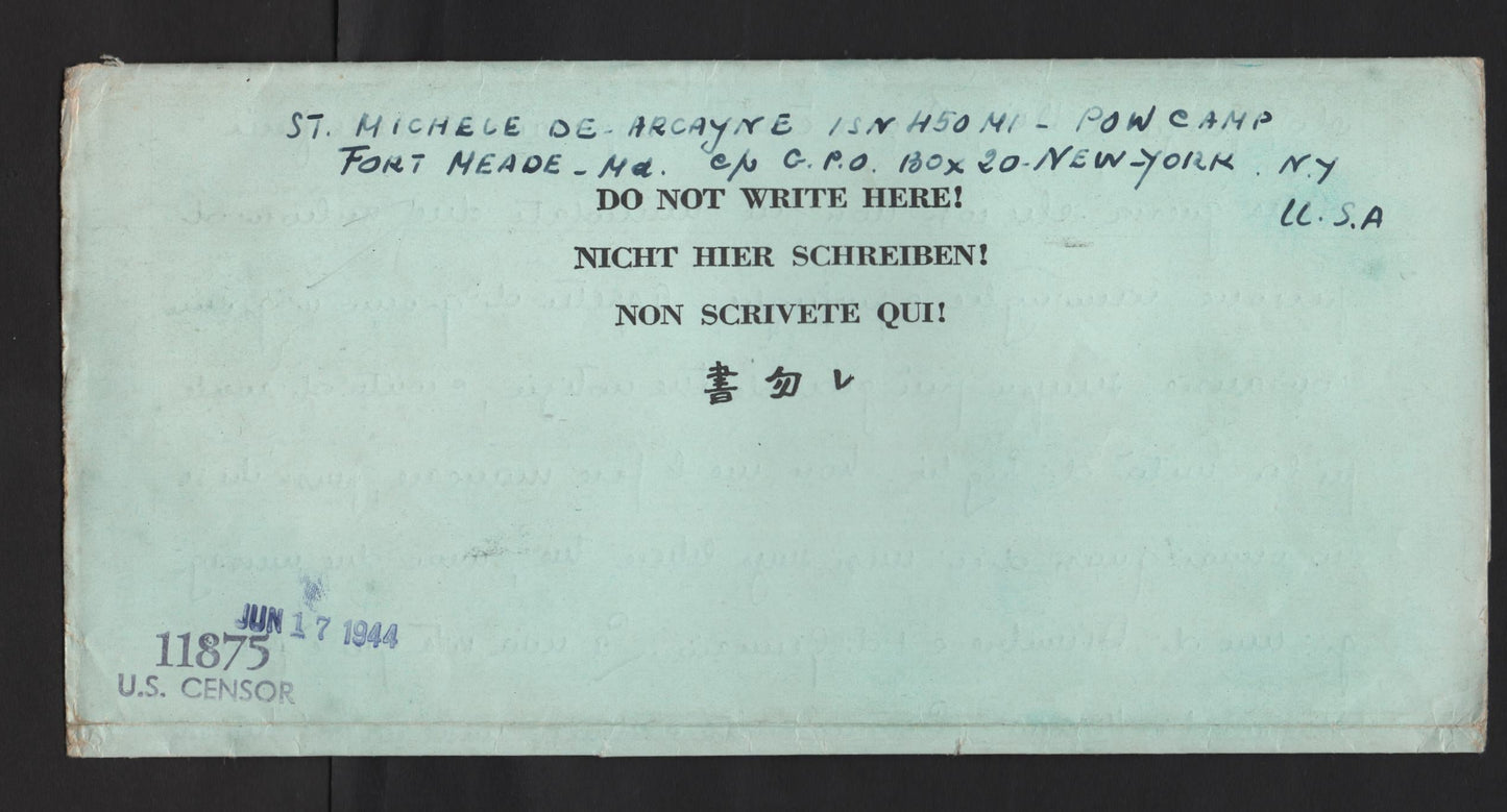 Lot 232 United States Of America Unlisted Black On Light Blue , 1944 , A VF Prisoner Of War Folded Letter Sent From New York to Italy