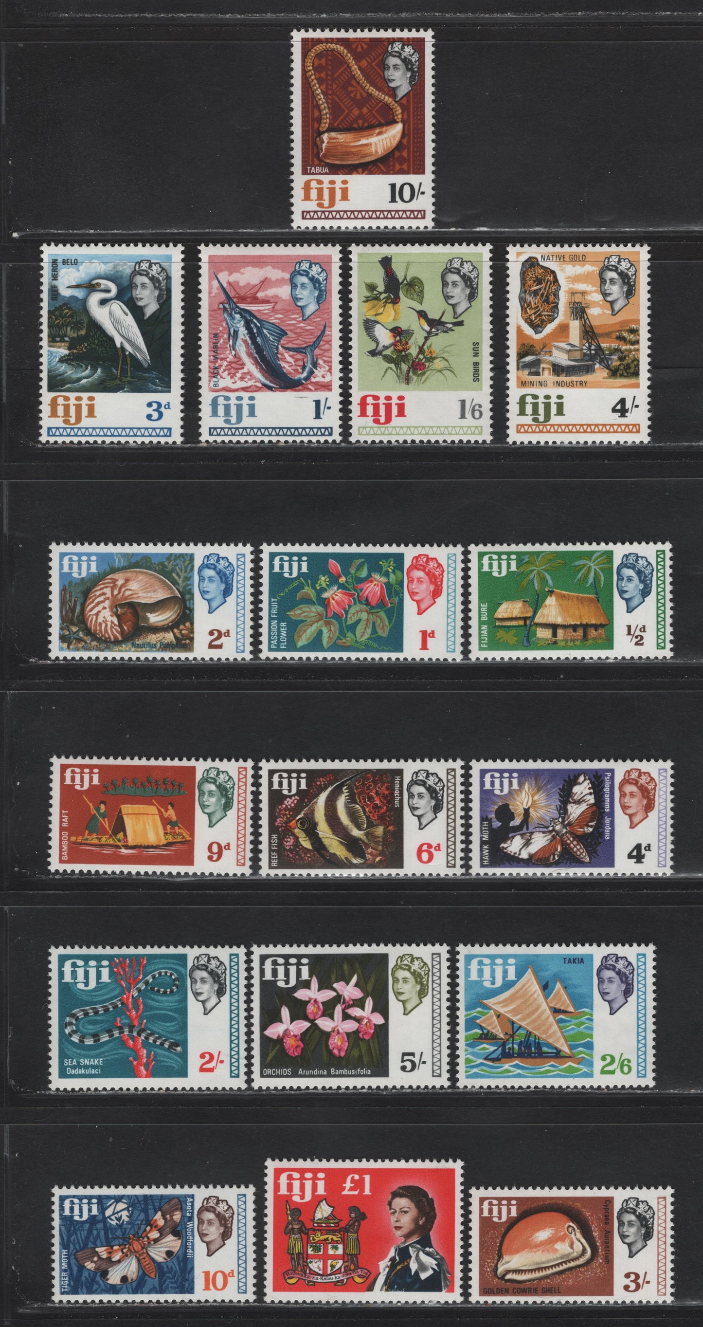 Lot 264 Fiji (C) SG#371-387 1/2d - £1 Multicolored Bure Huts - Queen Elizabeth & Arms of Fiji, 1968 QE II Pictorial Issue, 17 VFNH Singles