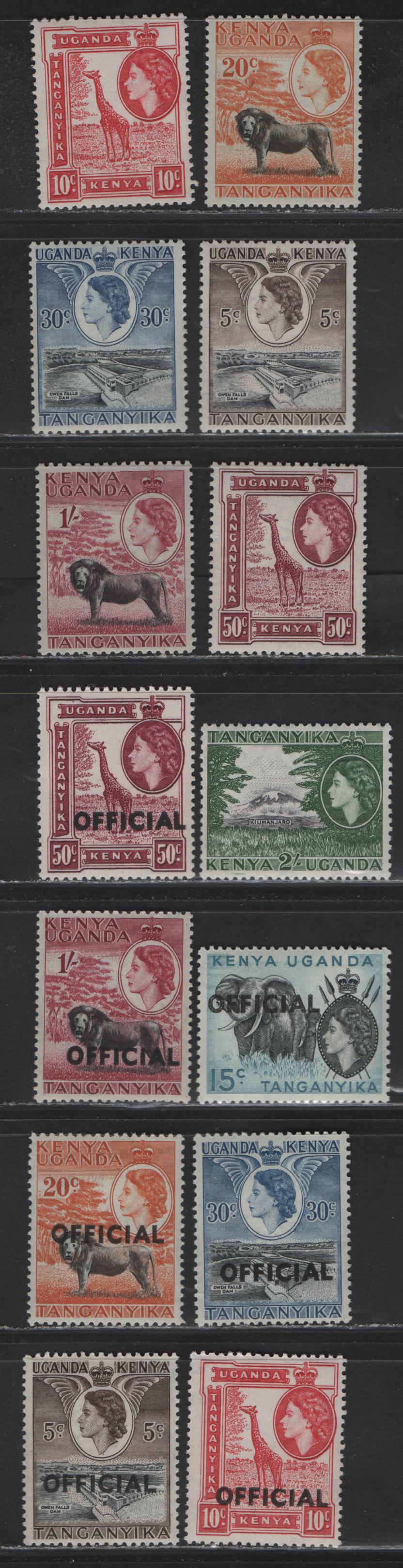 Lot 322 Kenya Uganda (C) SG#167/177, O1/O7 5c Black & Deep Brown - 2/- Black & Green, 1954-1959 Pictorial Definitives & Official Overprints, 14 VFNH Singles