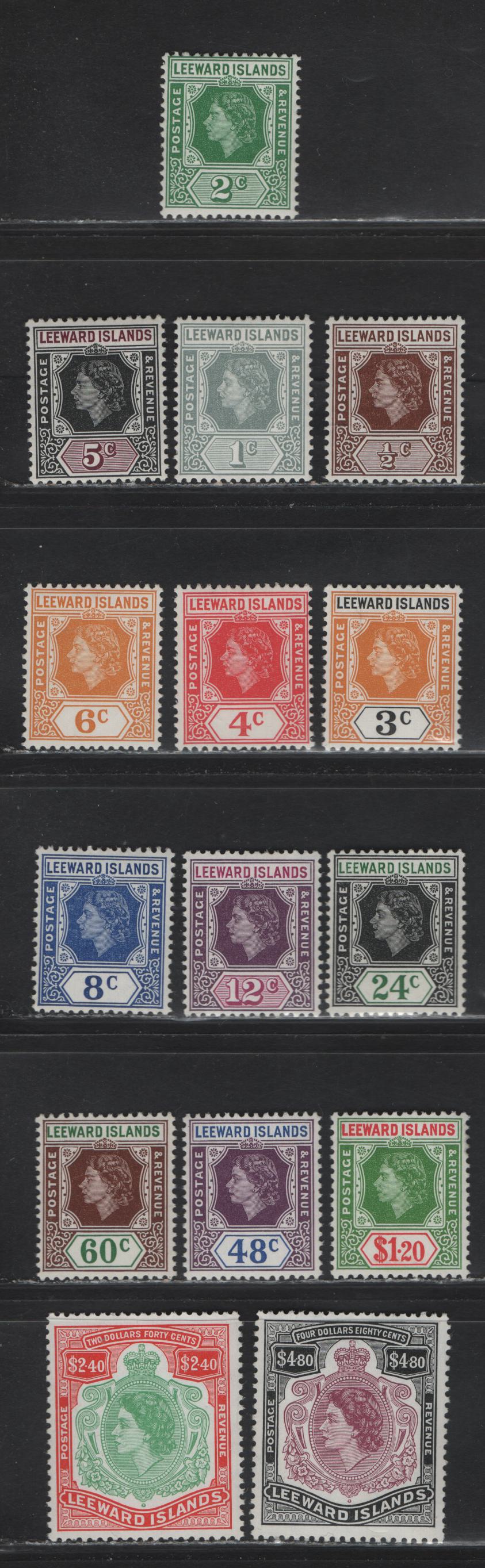 Lot 326 Leeward Islands (C) SG#126-140 1/2c - $4.80 Brown - Brownish Purple & Black Queen Elizabeth II, 1954 QE II Imperium Keyplate Issue, 15 F/VFOG/NH Singles, Values Over 48c Are NH