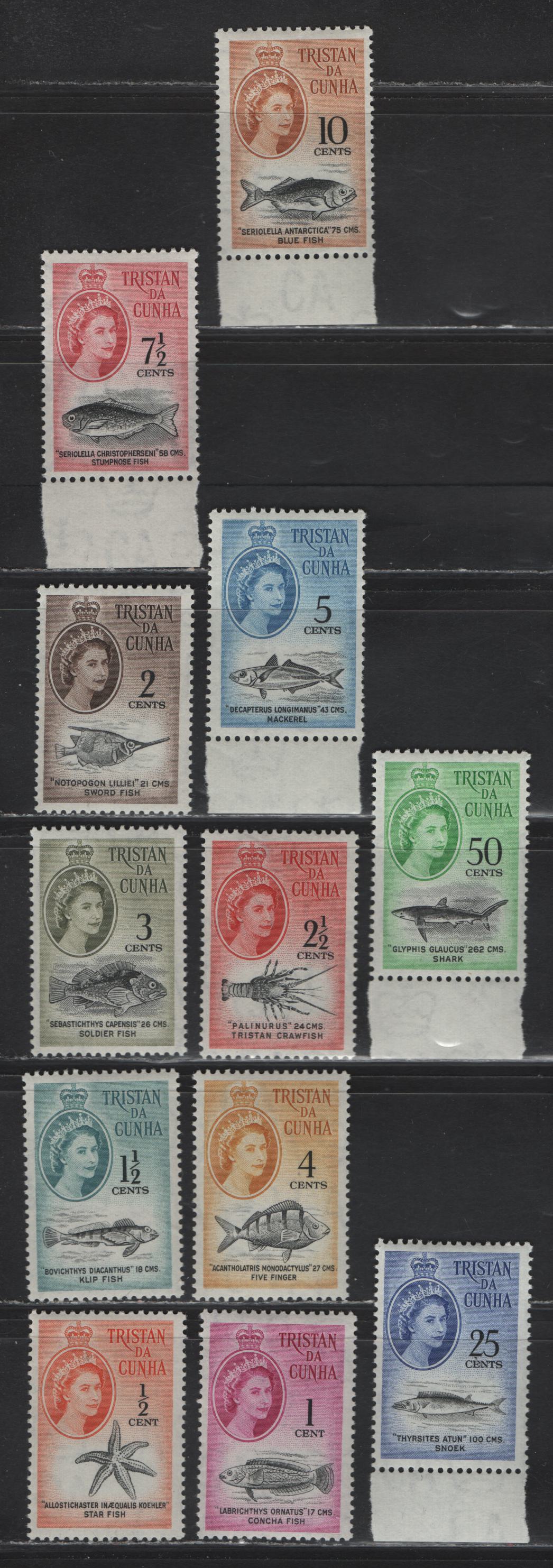 Lot 332 Tristan da Cunha (C) SG#42-53 1/2c - 50c Black & Orange - Black & Light Emerald , 1961 Decimal Currency Marine Life Definitive Issue, 12 F/VFNH Singles