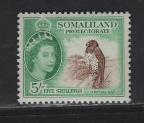 Lot 364 Somaliland Protectorate (C) SG#147 5/- Red Brown & Emerald Martial Eagle, 1953-1958 Pictorial Definitives, A VFNH Single