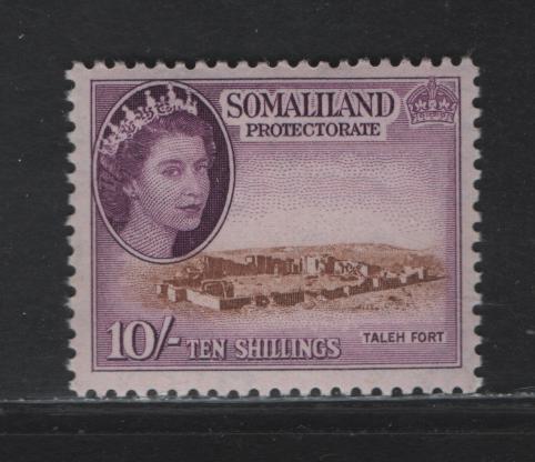 Lot 365 Somaliland Protectorate (C) SG#148 10/- Brown & Reddish Violet Taleh Fort, 1953-1958 Pictorial Definitives, A VFNH Single