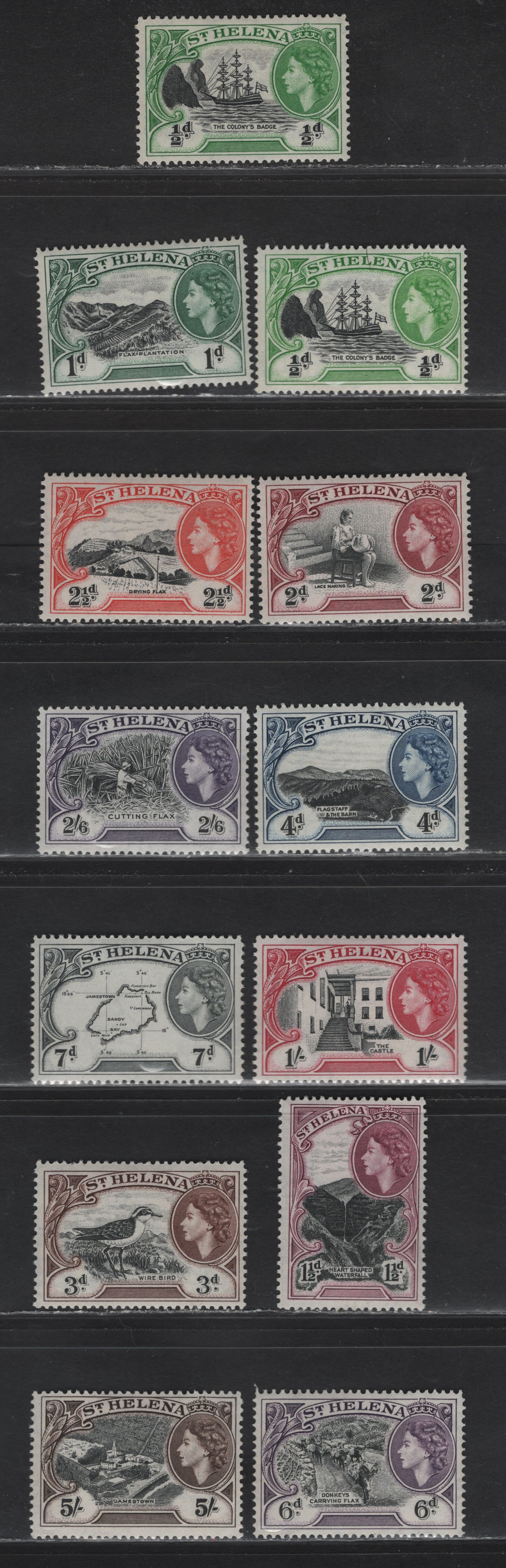 Lot 368 St. Helena (C) SG#153-164 1/2d-5/- Black & Bright Green - Black & Deep Brown Badge of St. Helena (C) - Jamestown, 1953-1959 Pictorial Definitives, 12 Fine & VF OG and NH Singles Includes 2 Shades of the 1/2d