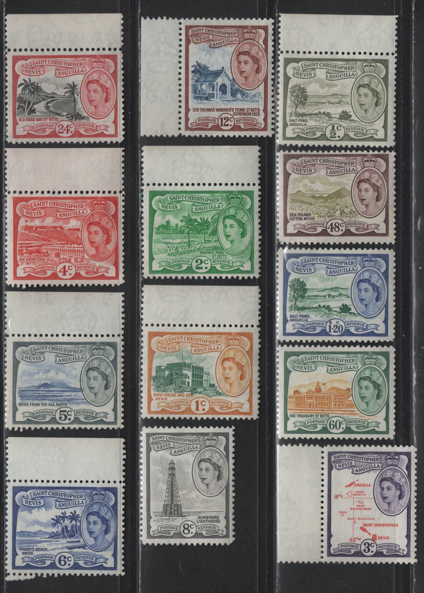 Lot 371 St. Kitts Nevis (C) SG#106a-117b 1/2c-$1.20 Deep Olive - Deep Green & Ultramarine Salt Pond, Anguilla , 1954-1963 Pictorial Definitives, 13 Fine & VFNH Singles Includes The Deep Violet Shade On The 3c