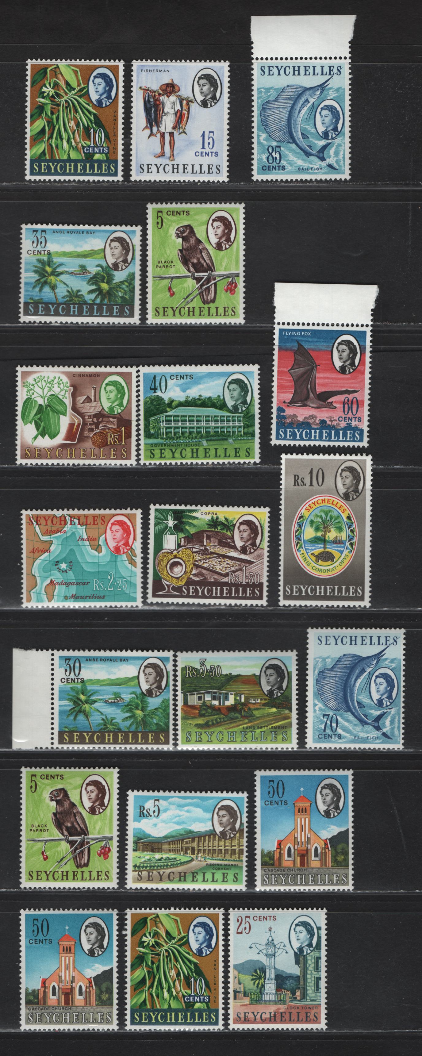 Lot 375 Seychelles (C) SG#196/212, 233-237 5c-10r Multicoloured Black Parrot - Colony's Badge, 1962-1968 Pictorial Definitives, 20 Fine NH & VFNH Singles Including Sideways Wmks