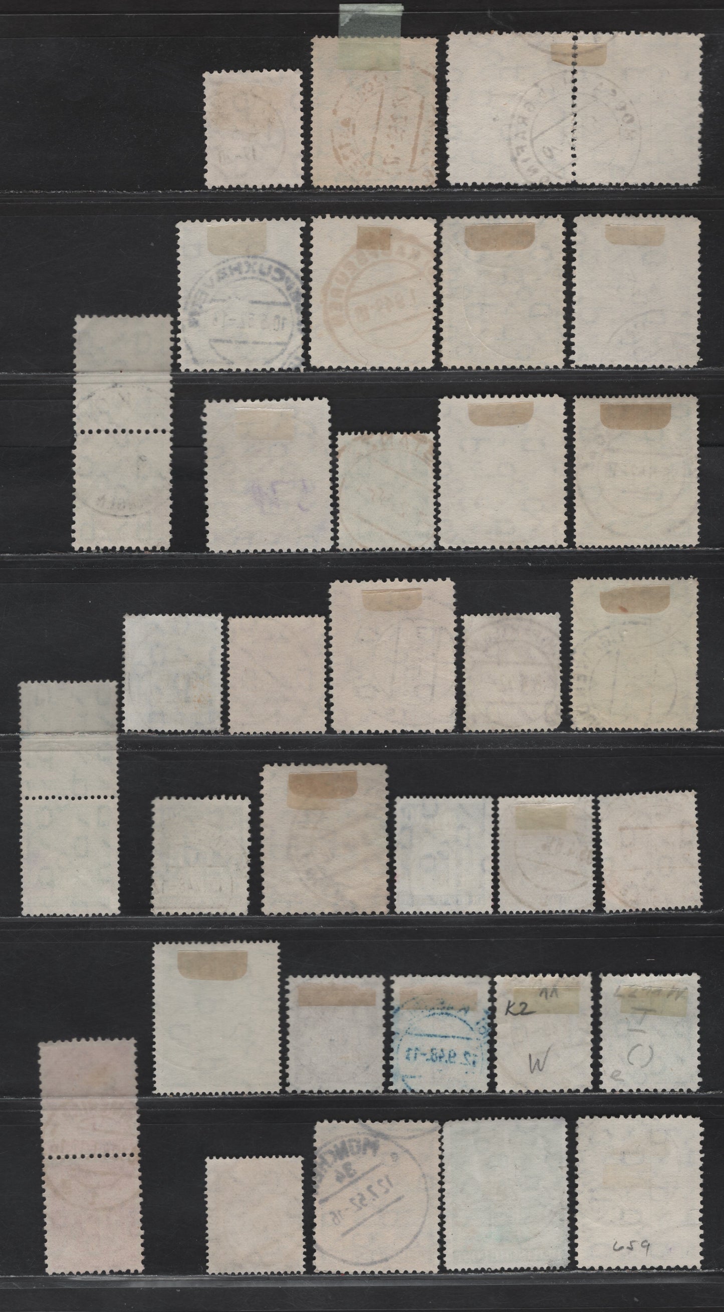 Lot 167 Germany SC#635/657a, 658a, 659a, 660a, 661a, 635a, 641a, 649a, 4pf-5DM Orange Brown - Blue Various Buildings, 1948-1951 Buildings Issue, 29 Fine & VF Singles and 4 Pairs All With SON CDS Town Cancels, Perforation Varieties