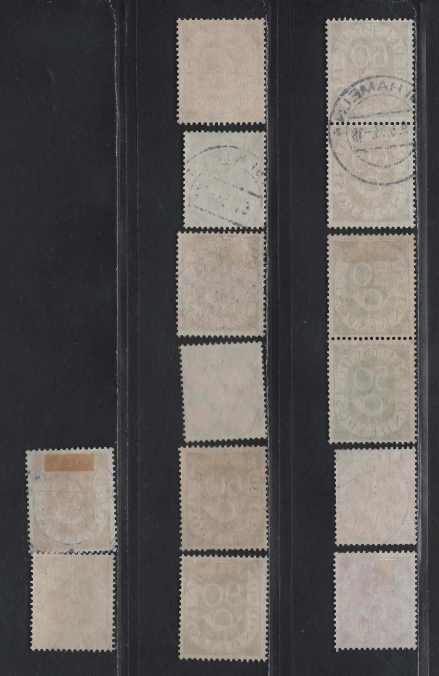 Lot 168 Germany SC#369, 671/685 4pf-90pf Olive Green - Yellow Green 1928-32 & 1951-1952 Von Hindenburg & Ebert Definitives & Numeral & Posthorn Definitives, 10 Fine & VF Singles and 2 Pairs All With SON CDS Town Cancels