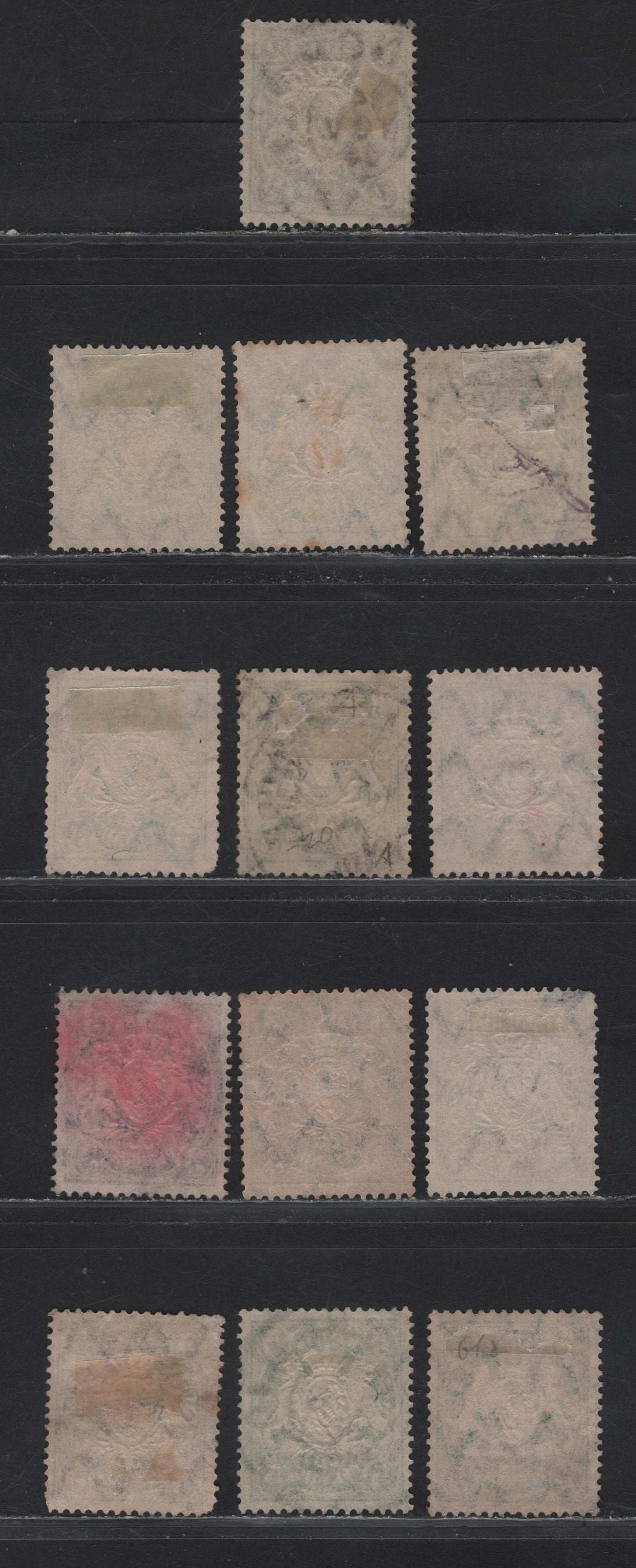 Lot 27 Bavaria #58a,59,60,61,62,62a 5pf Dark Green - 5pf Lilac, 1888-1899 Embossed Arms Issue, Wmk Horizontal Wavy Lines, 13 F&VF Used Singles On Toned Paper, With SON Town Cancels