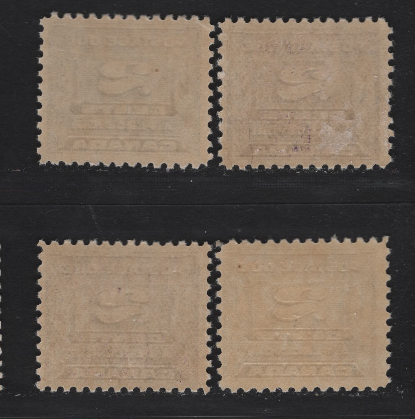 Lot 363 Canada #J12 2c Bluish Violet - Dull Rosy Violet Numeral, 1933-1934 Third Postage Due Issue, 4 FOG Singles, BABN-JJ & BABN-BB Papers, Perfs 10.9x10.75 & 10.8, 21.9x18.5mm & 21.75x18.5mm .