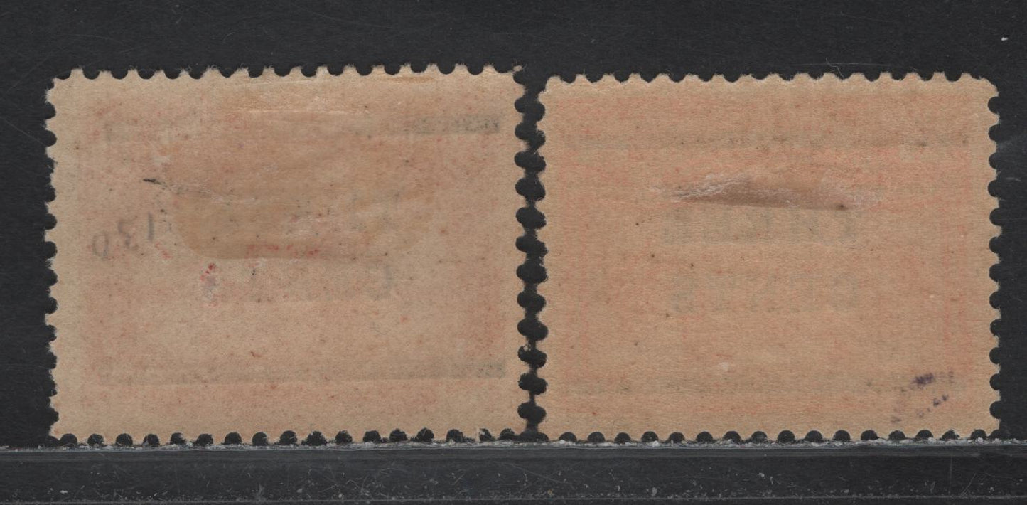 Lot 147 Newfoundland #129-130 3c On 15c Scarlet, Red, 1920 Surcharges Issue, 2 VFOG Singles Type 2, With Surcharge Bars 13 1/2mm Apart
