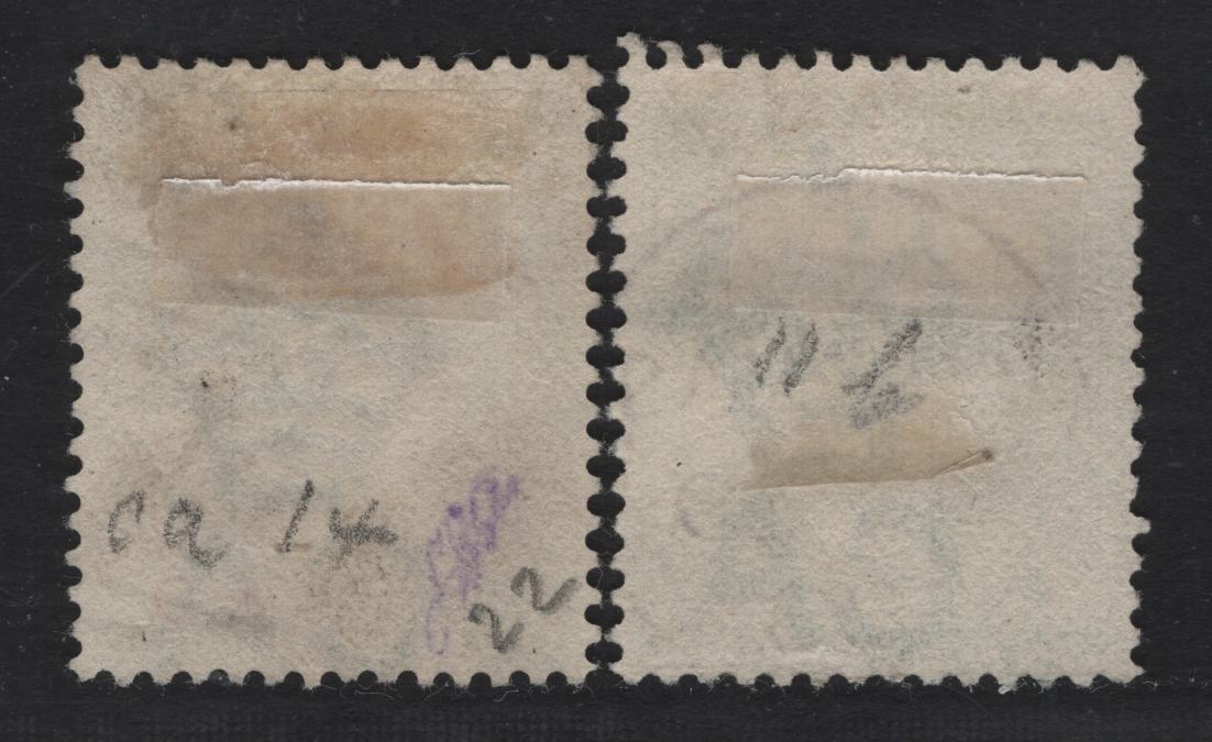 Lot 14A Bahamas SG#44-a 1/- Green & Blue Green Queen Victoria, 1882 Queen Victoria Sideface Issue, 2 Fine/Very Fine Used Singles, Perf 14, #27 Barred Numeral For The Out Islands & One With SON October 29 1883 Bahamas Cancel
