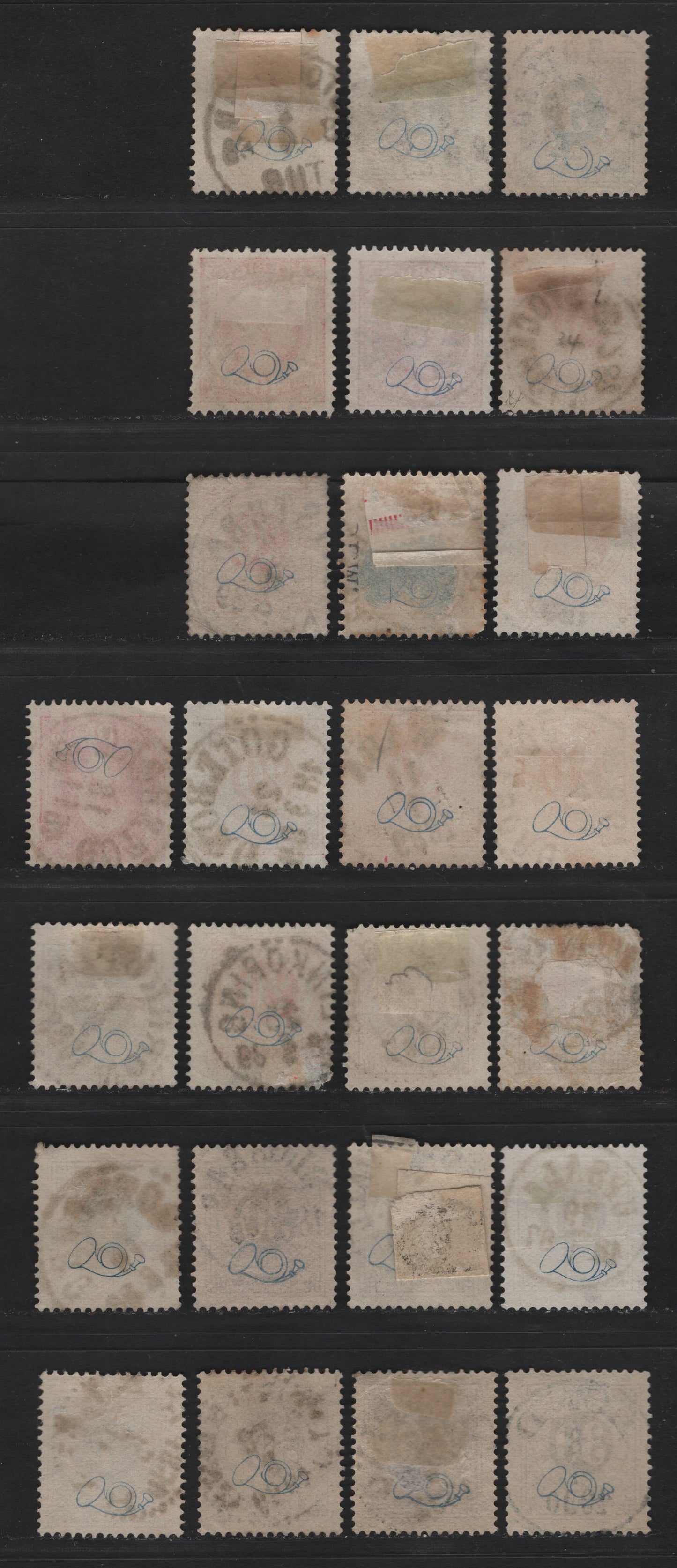 Lot 155A Sweden (C) SC#42-43, 45-a, 46-47 4o - 30o Gray - Brown Numeral - King Oscar II, 1886-1891 Numeral Issue, 21 Fine/Very Fine Used Singles, Perf 13, Posthorn on Back, SON Town Cancels.