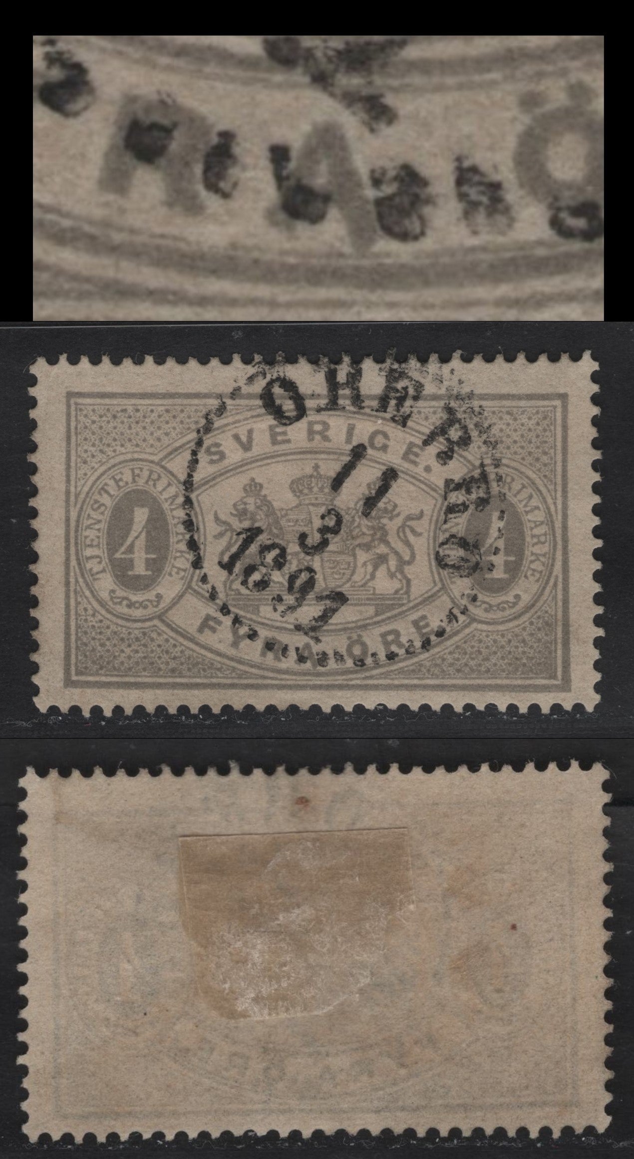 Lot 163 Sweden (C) Facit#TJ13Av3 (SC# O14a) 4o Gray Official, 1881-1896 Official Issue, A Very Fine Used Single, Perf 13, Showing Extended 'A' in 'Fyra', SON March 3 1891 Orebro Cancel.