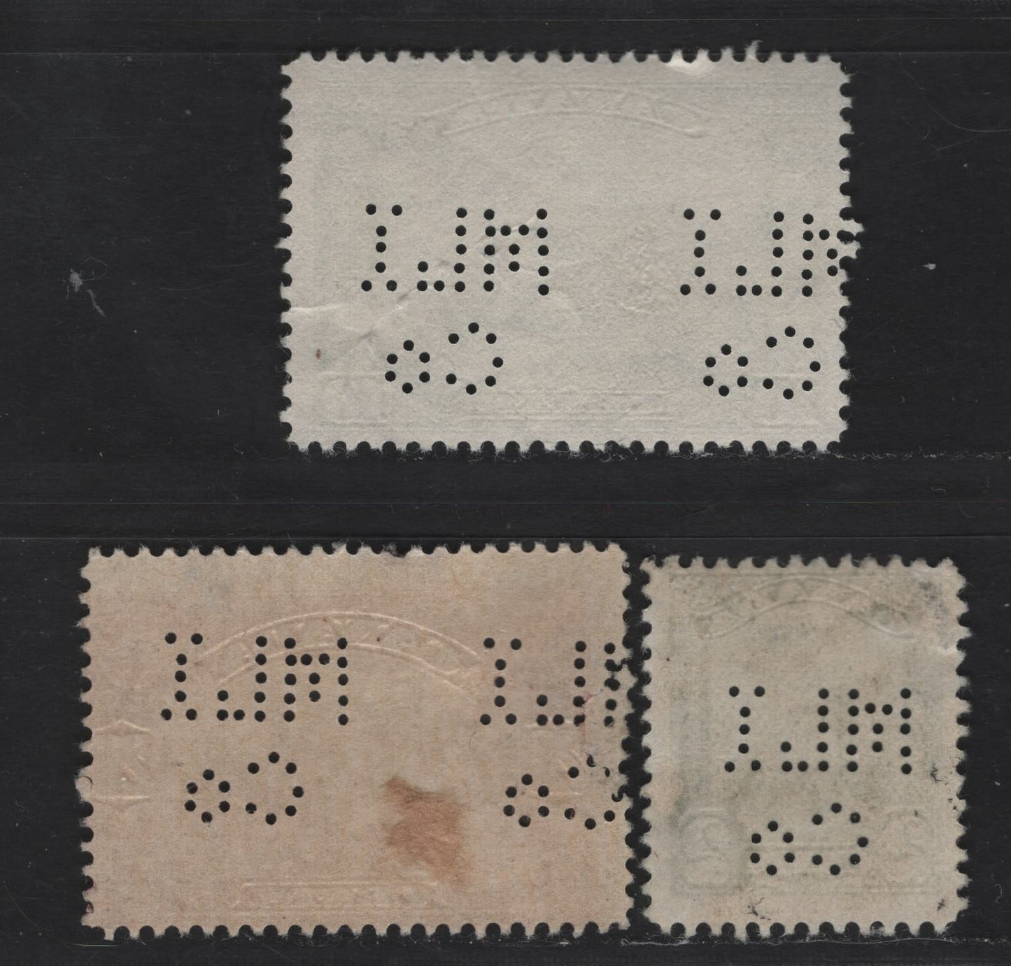 Lot 220 Canada (C)#150, 155, 157 2c - 20c Green - Carmine King George V - Harvesting Wheat, 1928-1929 Scroll Issue, 3 Very Good/Fine Used Singles, Metropolitan Life Insurance Company Perfin For The Ottawa Office