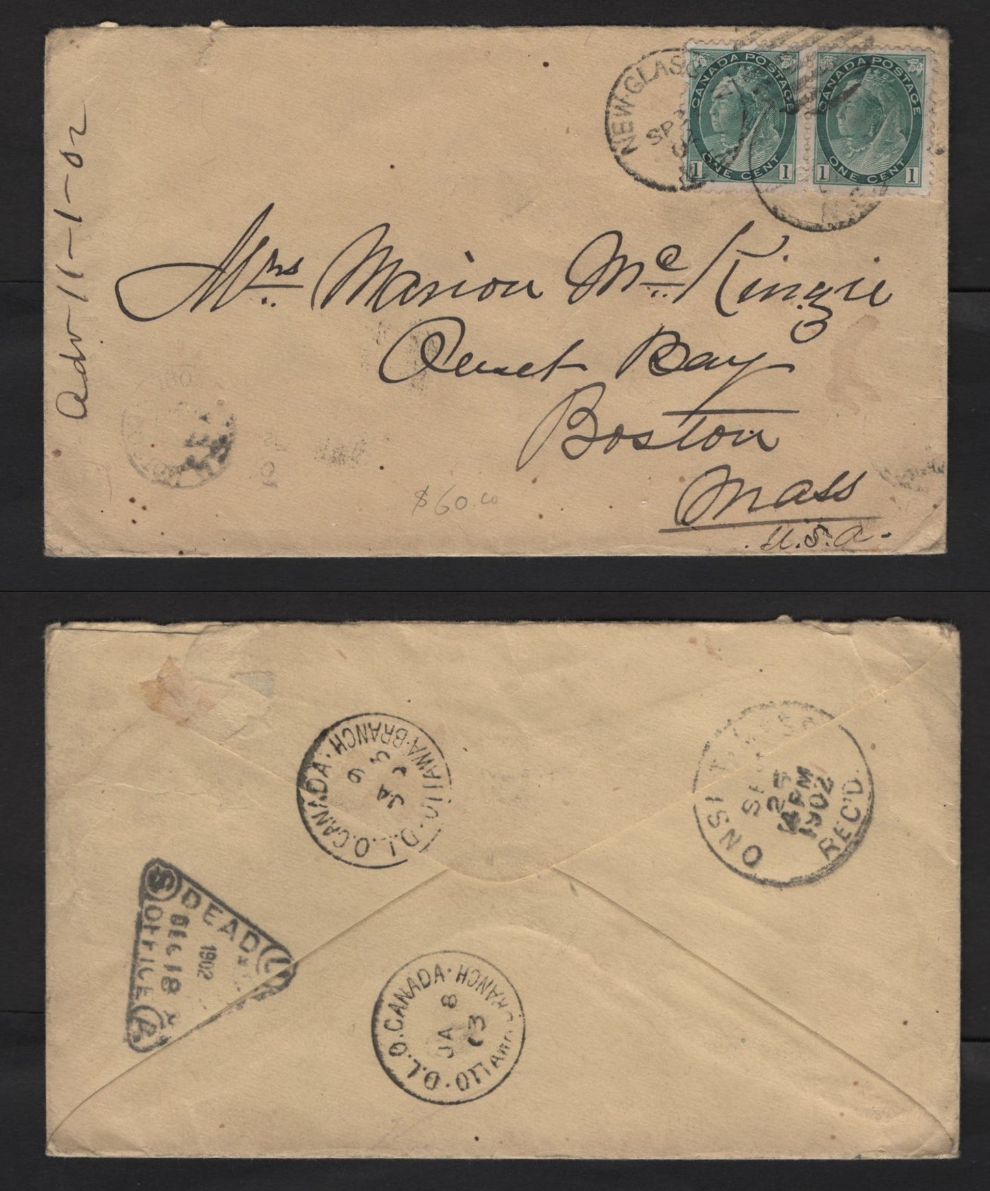 Lot 230 Canada #75ii 1c Blue Green Queen Victoria & King George V, 1898-1902 Numeral Issue, A Fine Dead Letter Office Cover Franked With Pair, Tied By New Glasgow NS CDS, DLO Backstamps & Final US Receiving Backstamp