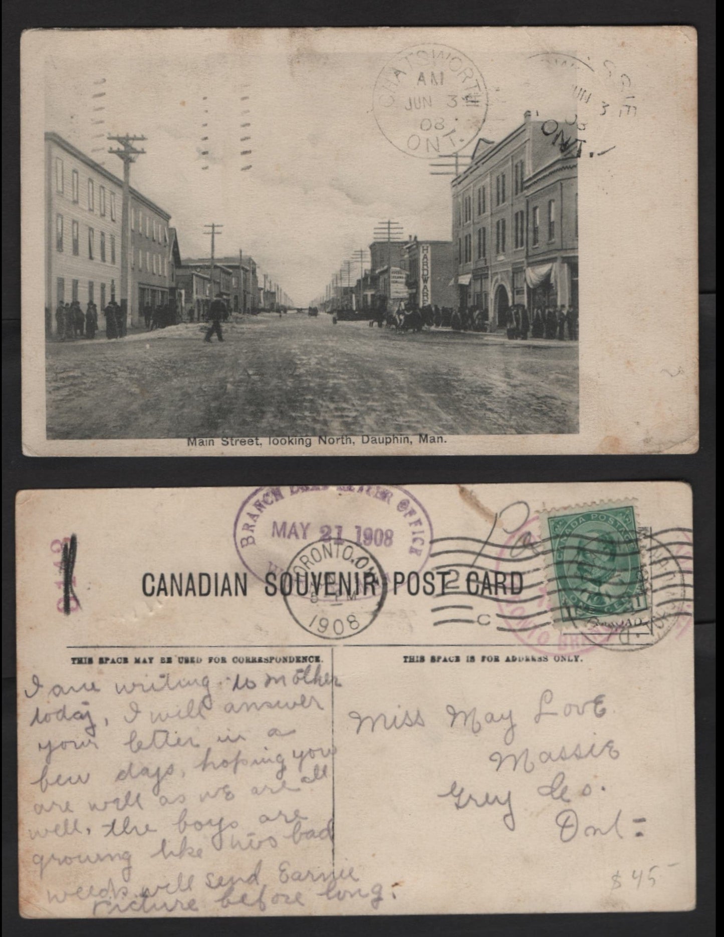 Lot 234 Canada #89 1c Green King Edward VII, 1903-1911 King Edward VII Issue, A VF Dead Letter Office Picture Postcard Depicting Dauphin MB Main Street, Tied by Toronto Machine Cancel, May 21, 1908 Dead Letter Office Oval Handstamp