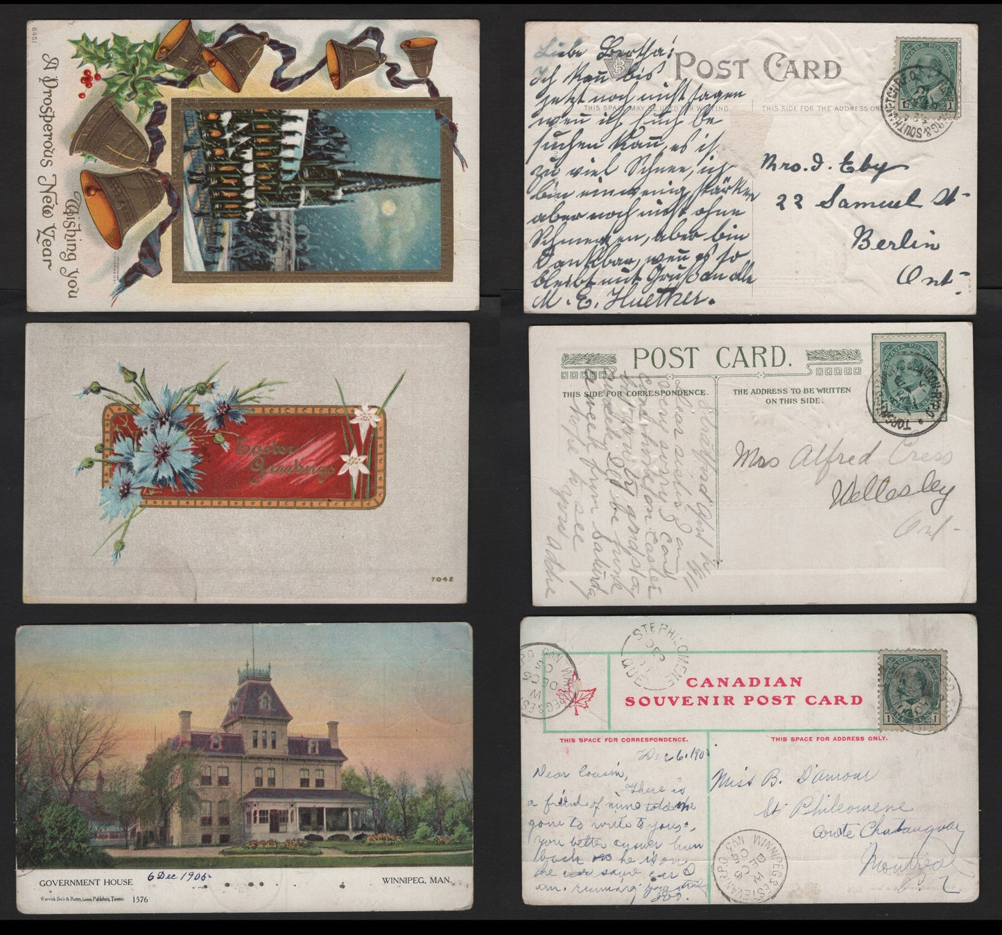 Lot 235 Canada #89iii 1c Blue Green King Edward VII, 1903-1911 King Edward VII Issue, 3 Fine & VF Picture Postcards All With RPO Cancels, New Year, Easter & Government House, Winnipeg, MB