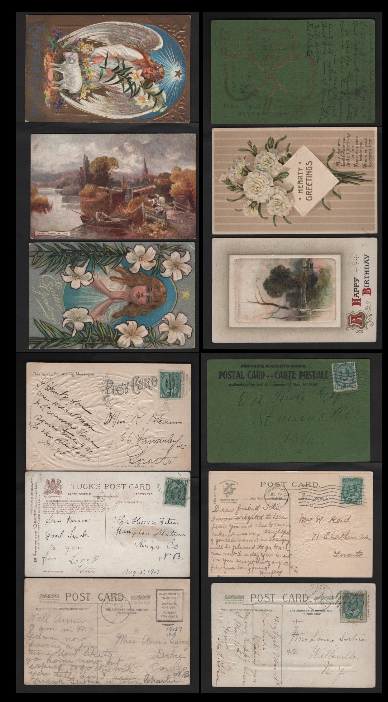 Canada #89i-89iii 1c Deep Green - Blue Green King Edward VII, 1903-1911 King Edward VII Issue, 6 VF Picture Postcards Depicting A Variety Of Subjects, One With Silk Picture, Titusvile NS Split Ring & Highgate ON Duplex Cancels