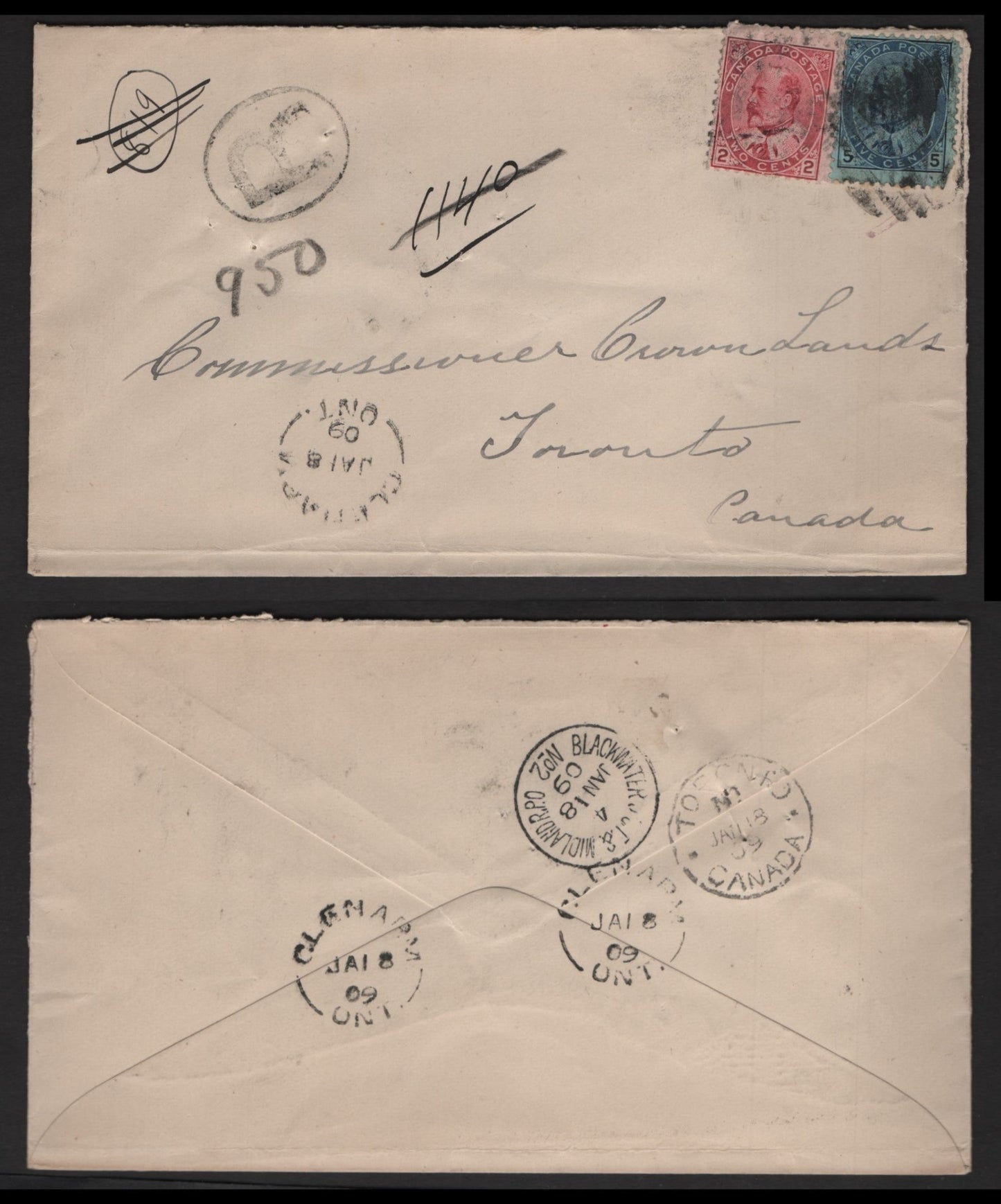 Lot 242 Canada #90-91 2c, 5c Carmine Rose & Blue on Bluish King Edward VII, 1903-1911 King Edward VII Issue, A Fine Registered Domestic Cover Multiple Backstamps Incl., Glenarm ON Split Ring & Blackwater & Midland RPO