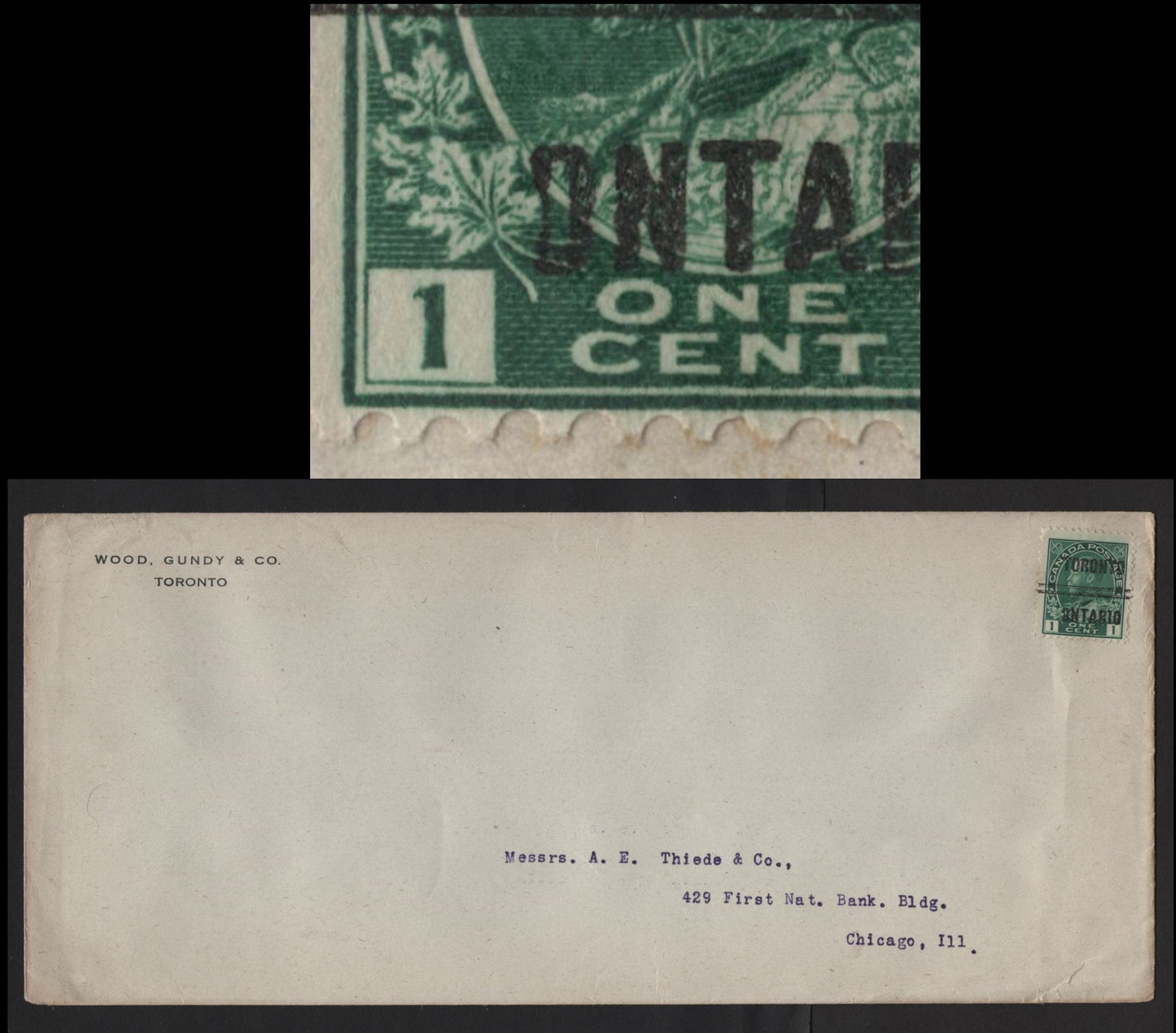 Lot 248 Canada #104xx 1c Dark Green King George V, 1911-1928 Admiral Issue, A VF Domestic Printed Matter Cover Franked With Single Bearing Toronto Style 5 Precancel With Battered "O" In "Ontario", Wood Gundy & Co. Corner Card