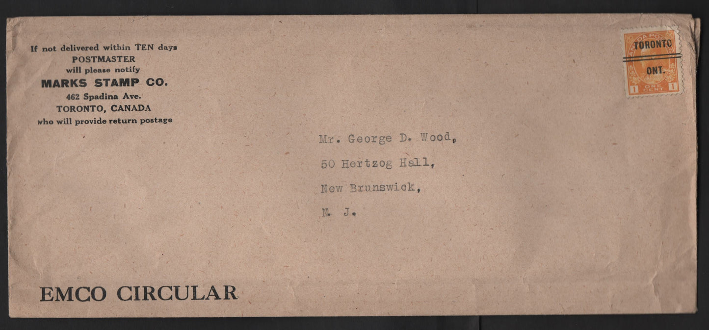 Lot 250 Canada #105xx 1c Yellow Orange King George V, 1911-1928 Admiral Issue, A Fine Domestic Printed Matter Cover Franked With Single Bearing Toronto Style 10 Precancel, Marks Stamp Co. Corner Card, Stamp Has A Corner Crease