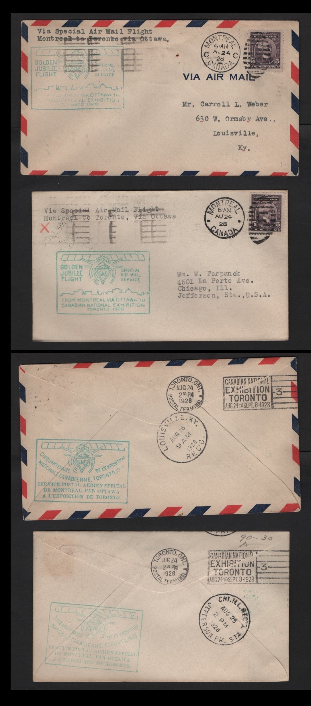 Lot 255 Canada AAMC#2837a 5c Dull Slate Violet Wilfred Laurier, 1927 Confederation Issue, 2 Fine Commemorative Fight Covers CNE Golden Jubilee Flight: Montreal-Toronto, Blue & Green Cachets, Franked With Single #144's
