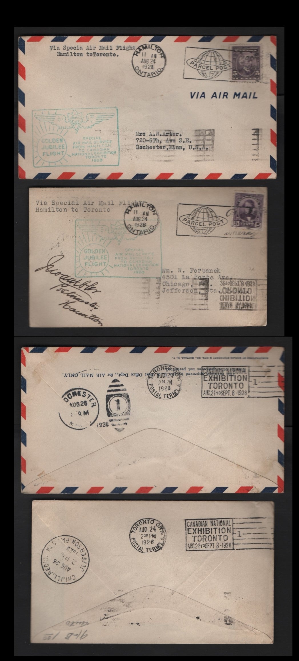 Lot 257 Canada AAMC#2837f 5c Dull Slate Violet & Dark Purple Wilfred Laurier & D'Arcy McGee, 1927 Confederation & Historical Issues, 2 Fine & VF Commemorative Fight Covers CNE Golden Jubilee Flight: Hamilton-Toronto, One Signed By The Postmaster