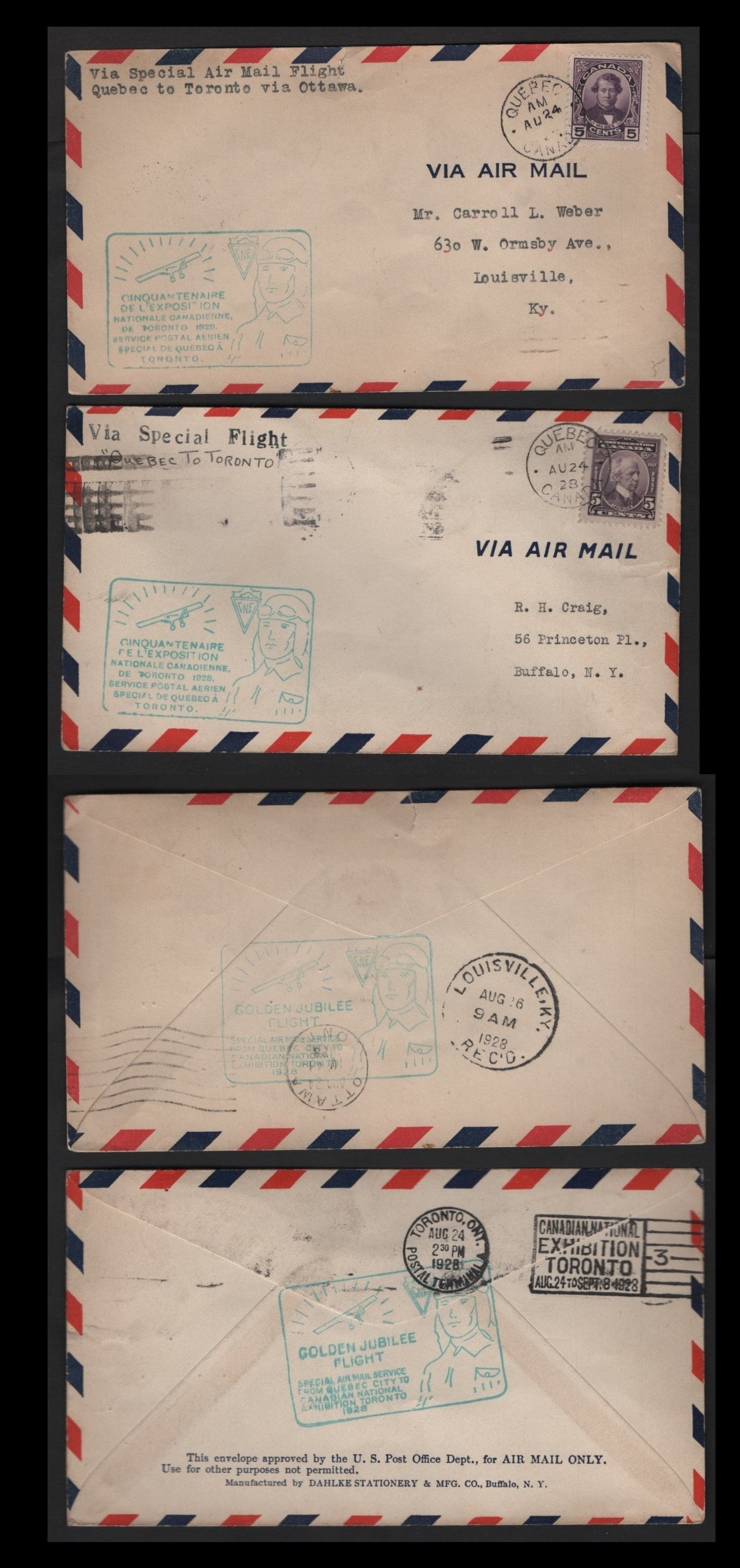 Lot 258 Canada AAMC#2837 5c Dull Slate Violet & Dark Purple Wilfred Laurier & D'Arcy McGee, 1927 Confederation & Historical Issues, 2 Fine & VF Commemorative Fight Covers CNE Golden Jubilee Flight: Quebec-Toronto