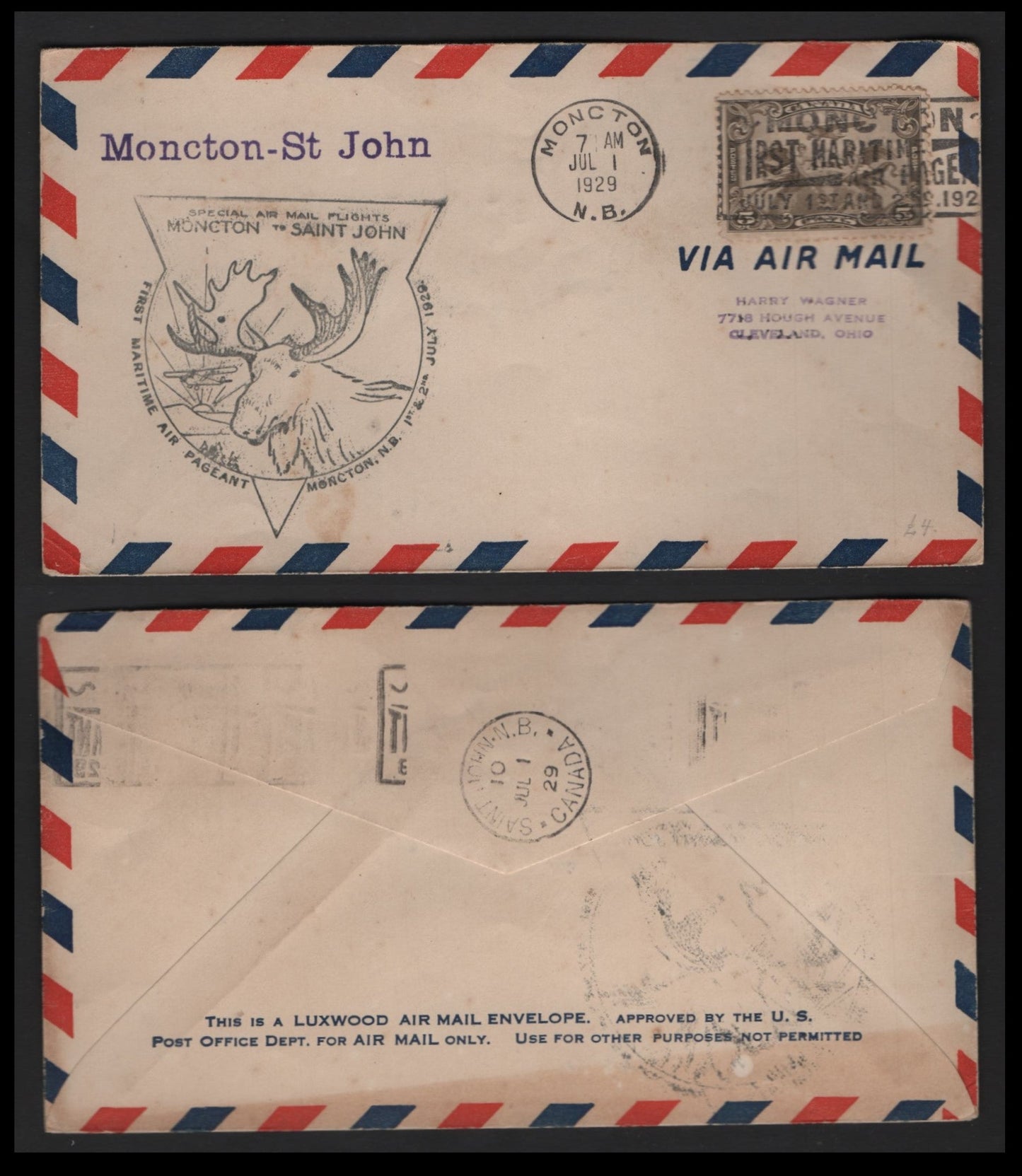 Lot 266 Canada AAMC#2839b 5c Olive Brown Allegory Of Flight, 1928-1929 Scroll Issue Airmail, A VF Commemorative Fight Cover Moncton-St. John Flight, Maritime Air Pageant
