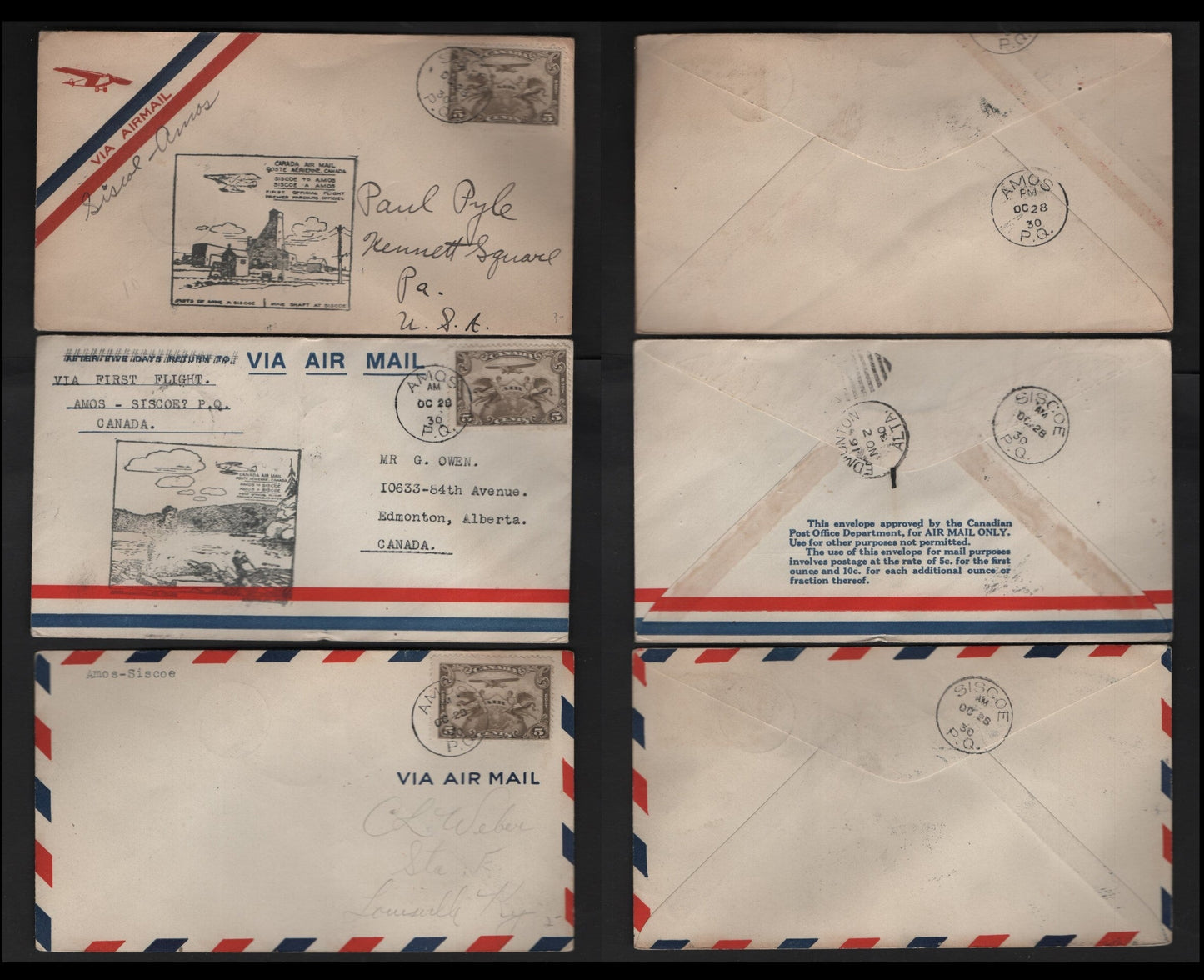 Lot 270 Canada AAMC#3061-a 5c Olive Brown Allegory Of Flight, 1928-1929 Scroll Issue Airmail, 3 Fine & VF Commemorative Fight Covers Amos-Siscoe & Siscoe-Amos Flights