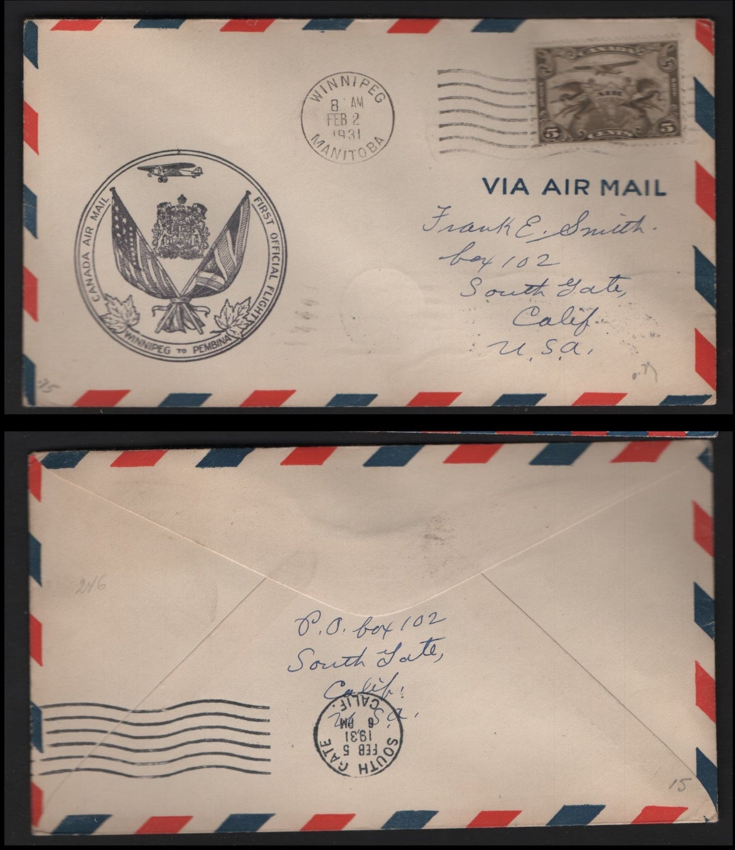 Lot 271A Canada AAMC#3105 5c Olive Brown Allegory Of Flight, 1928-1929 Scroll Issue Airmail, A VF Commemorative Fight Cover Winnipeg-Pembina Flight