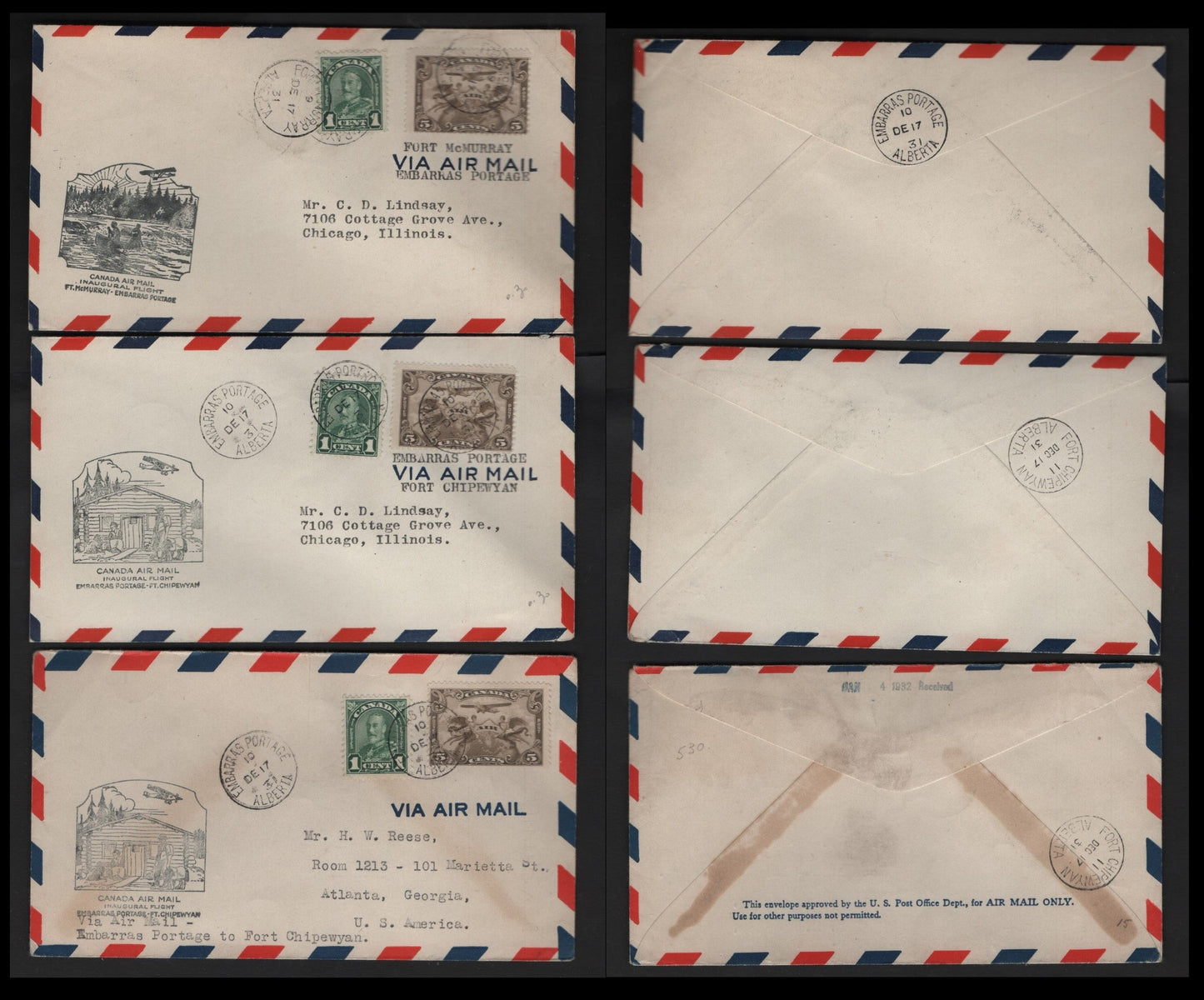 Lot 273 Canada AAMC#3177, a 1c, 5c Olive Brown & Dark Green Allegory Of Flight, King George V, 1928-1929 Scroll Issue Airmail & 1930-35 Arch Issue, 3 VF Commemorative Fight Covers Embarras Portage/Ft, McMurray Flights