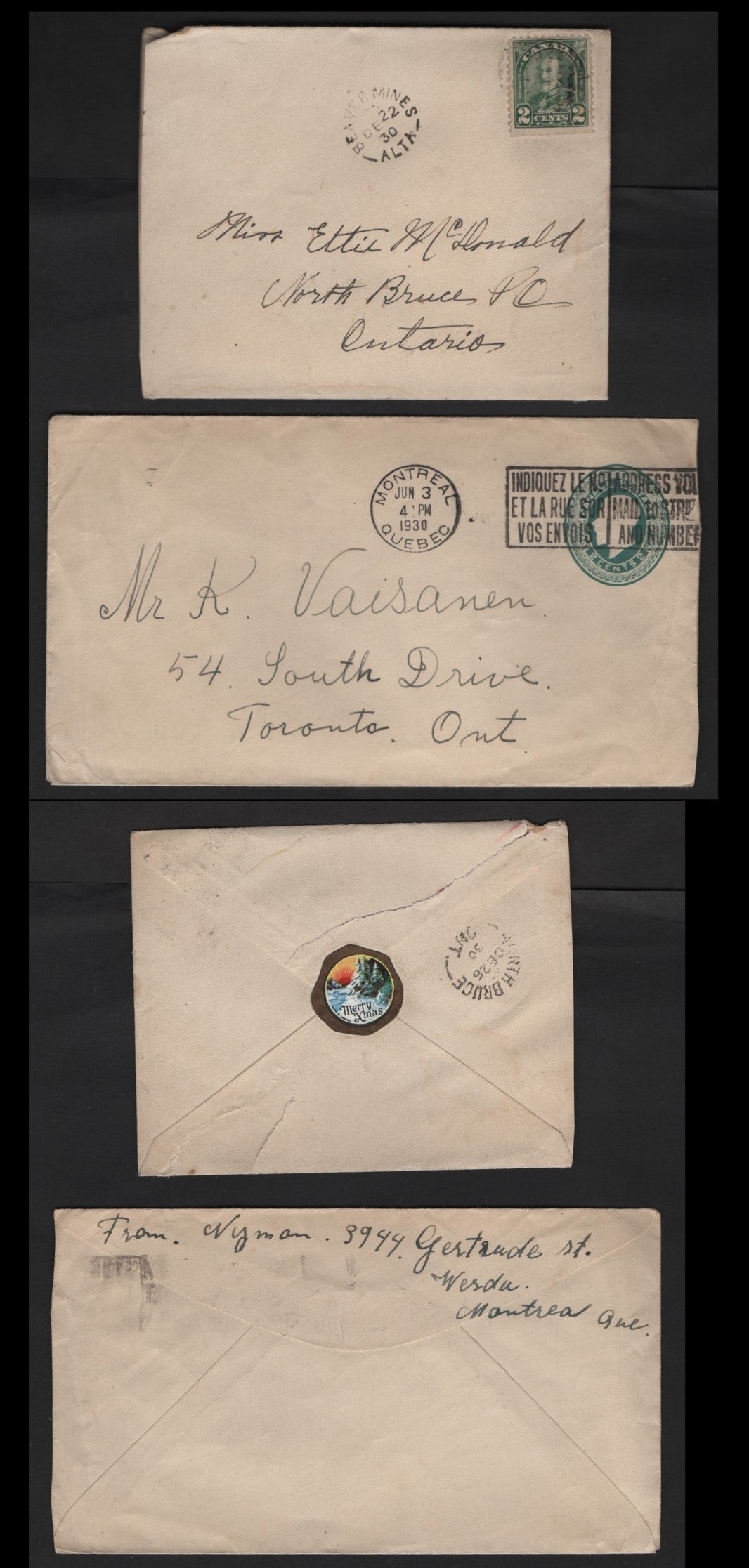 Lot 278 Canada #164, U27 2c Green, Dull Yellow Green King George V, 1912-1930 Admiral & Arch Issues, A Fine Postal Stationery Envelope & VF Domestic Cover Beaver Mines AB and North Bruce ON Split Ring Cancels