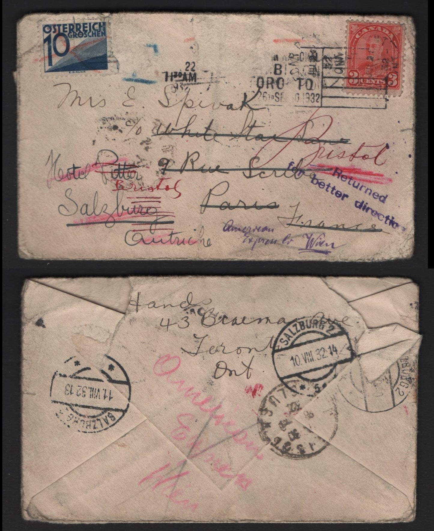Lot 279 Canada #167, J139 3c, 10g Scarlet, Dark Blue King George V & Numeral, 1930-1935 Arch Issue, A VG Thrice Redirected Postage Due Cover to Austria Redirected - France to Bristol UK, Then To Vienna & Finally To Saltzburg, Franked With 10g Postage Due