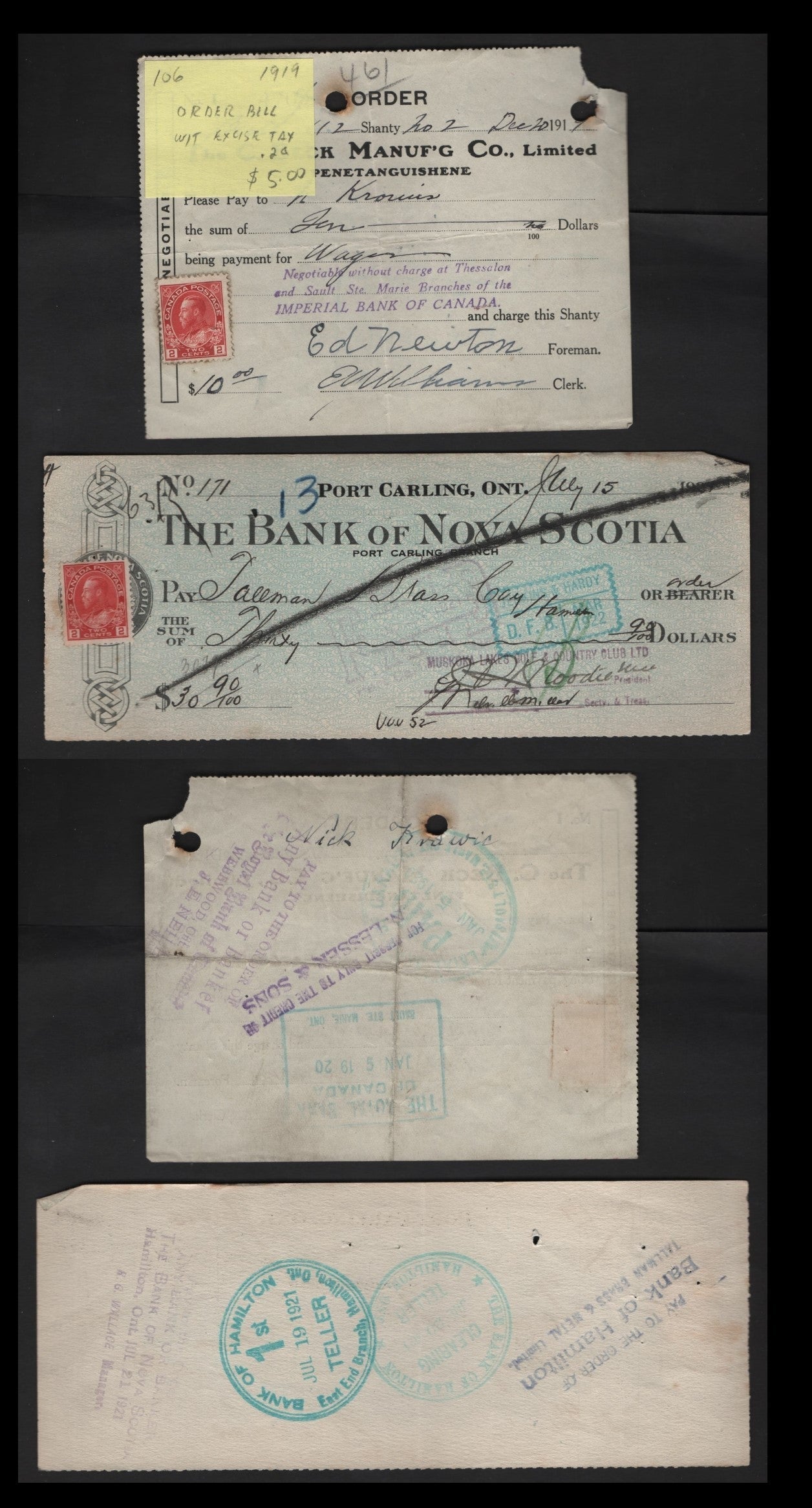 Lot 286 Canada #106, 106iii 2c Dark Carmine, Deep Rose Red King George V, 1911-1928 Admiral Issue & 1920 War Tax Issue, A Fine Bank Of Nova Scotia Cancelled Cheque & C. Beck Manufacturing Co. Wage Payment Order