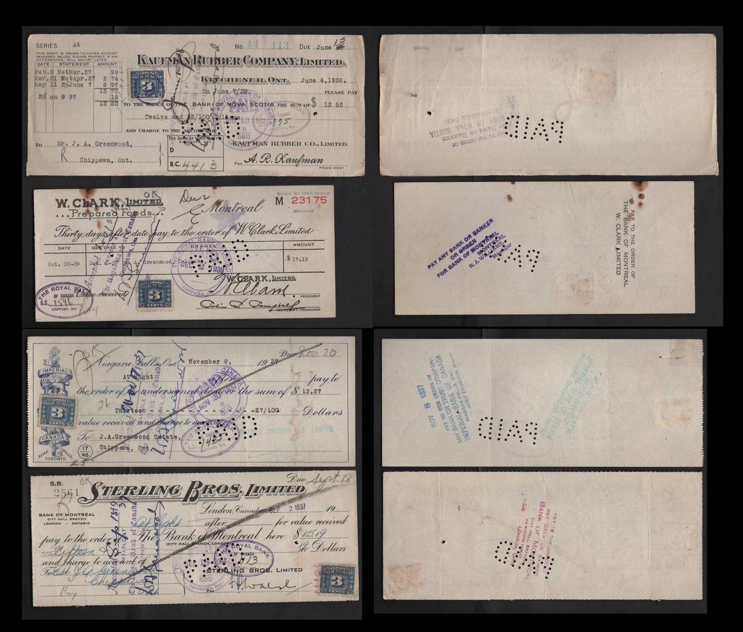 Canada #FX64 3c Blue Numeral, 1934-1948 Three Leaf Excise Tax, 4 Fine & VF Imperial Bank Of Canada & Private Company Cancelled Cheques Imperial Bank Of Commerce, Sterling Bros Ltd., W. Clark Ltd., Kaufman Rubber Company