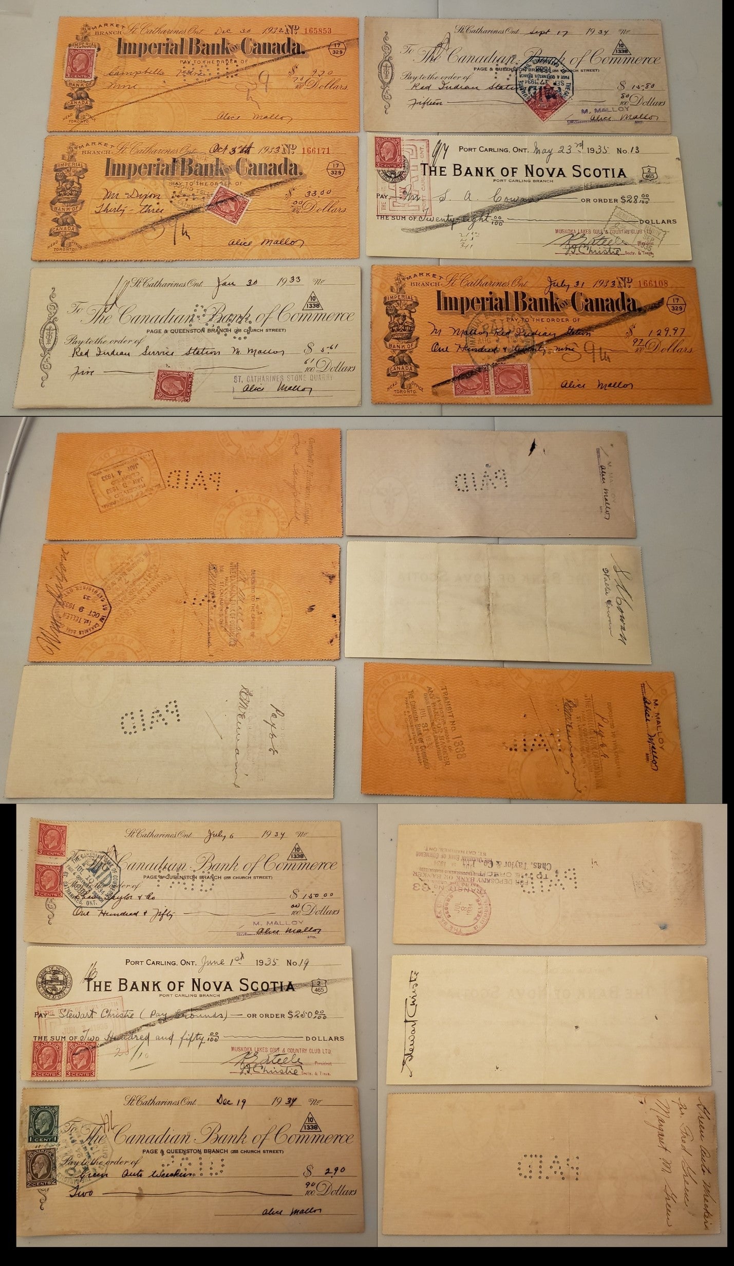 Lot 295 Canada #195-197, 197c 1c-3c Dark Green - Scarlet King George V, 1932-1935 Medallion Issue, 9 VF Cancelled Cheques Canadian Bank of Commerce, Bank of Nova Scotia & Imperial Bank Of Canada, Both Dies of 3c