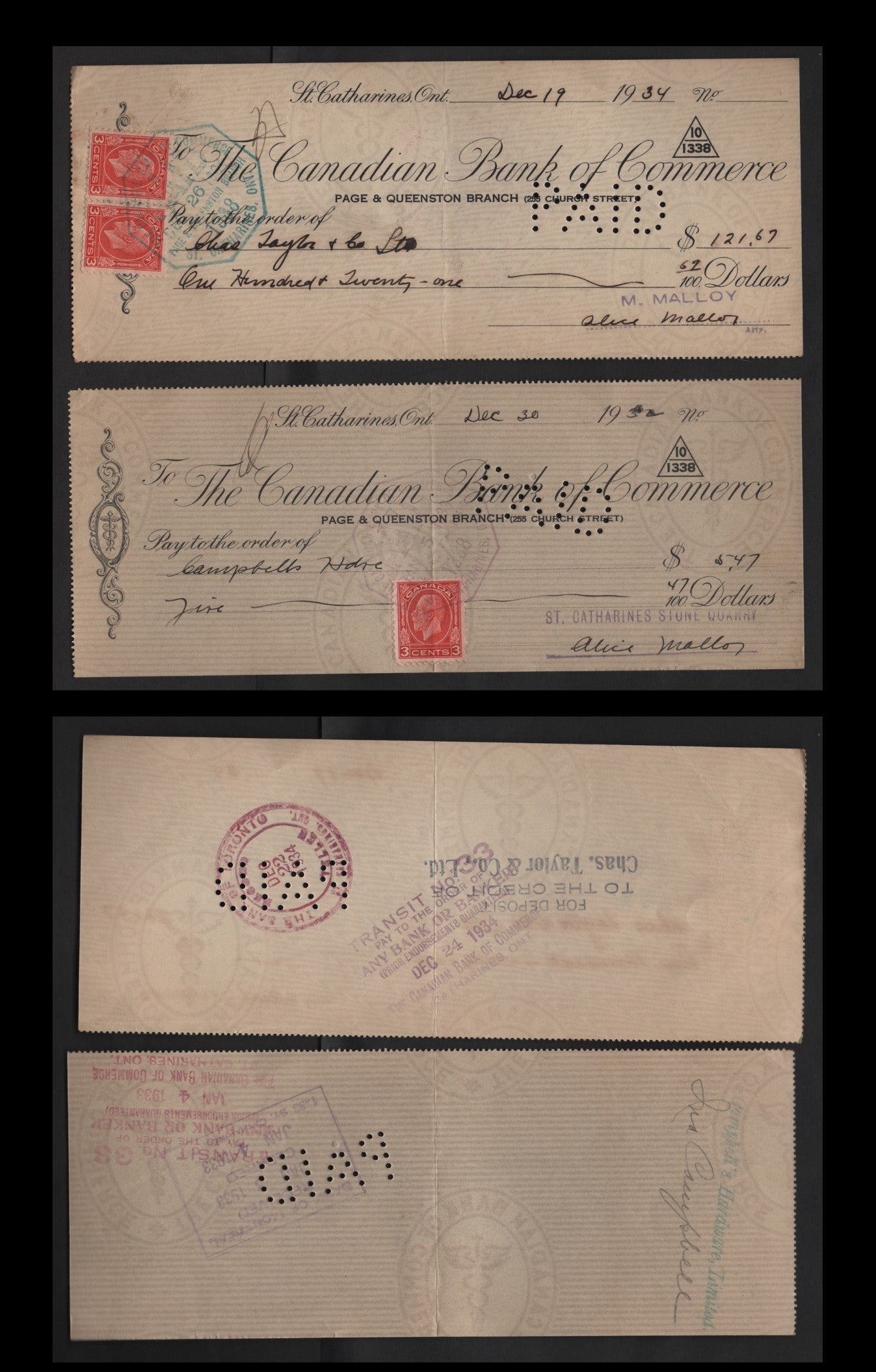 Canada #197 3c Scarlet King George V, 1932-1935 Medallion Issue, 2 VF Canadian Bank Of Commerce Cancelled Cheques Die 1 - Much Scarcer Than Die 2