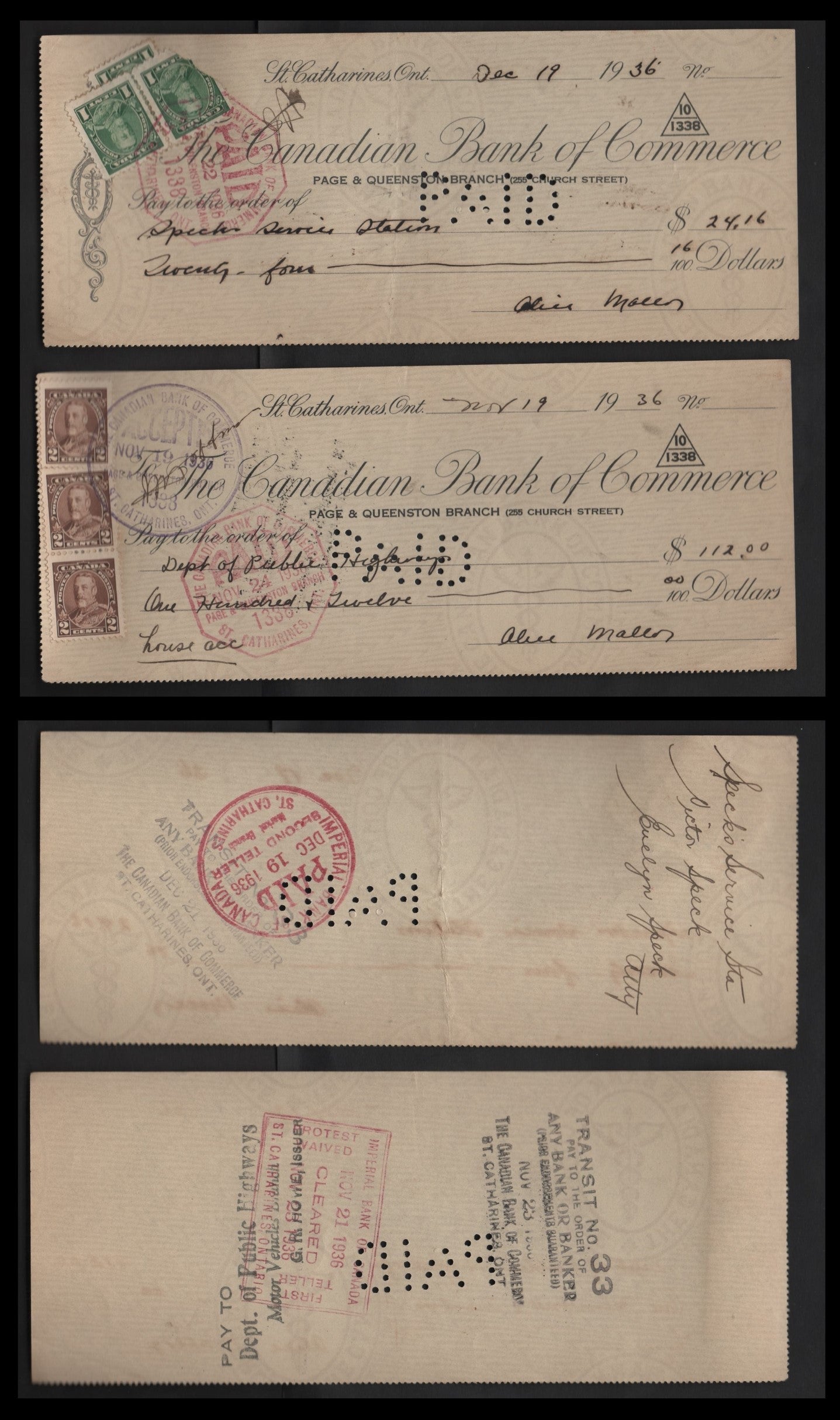 Canada #217-218 1c-2c Green & Brown King George V, 1935-1937 Dated Die Issue, 2 VF Canadian Bank Of Commerce Cancelled Cheques