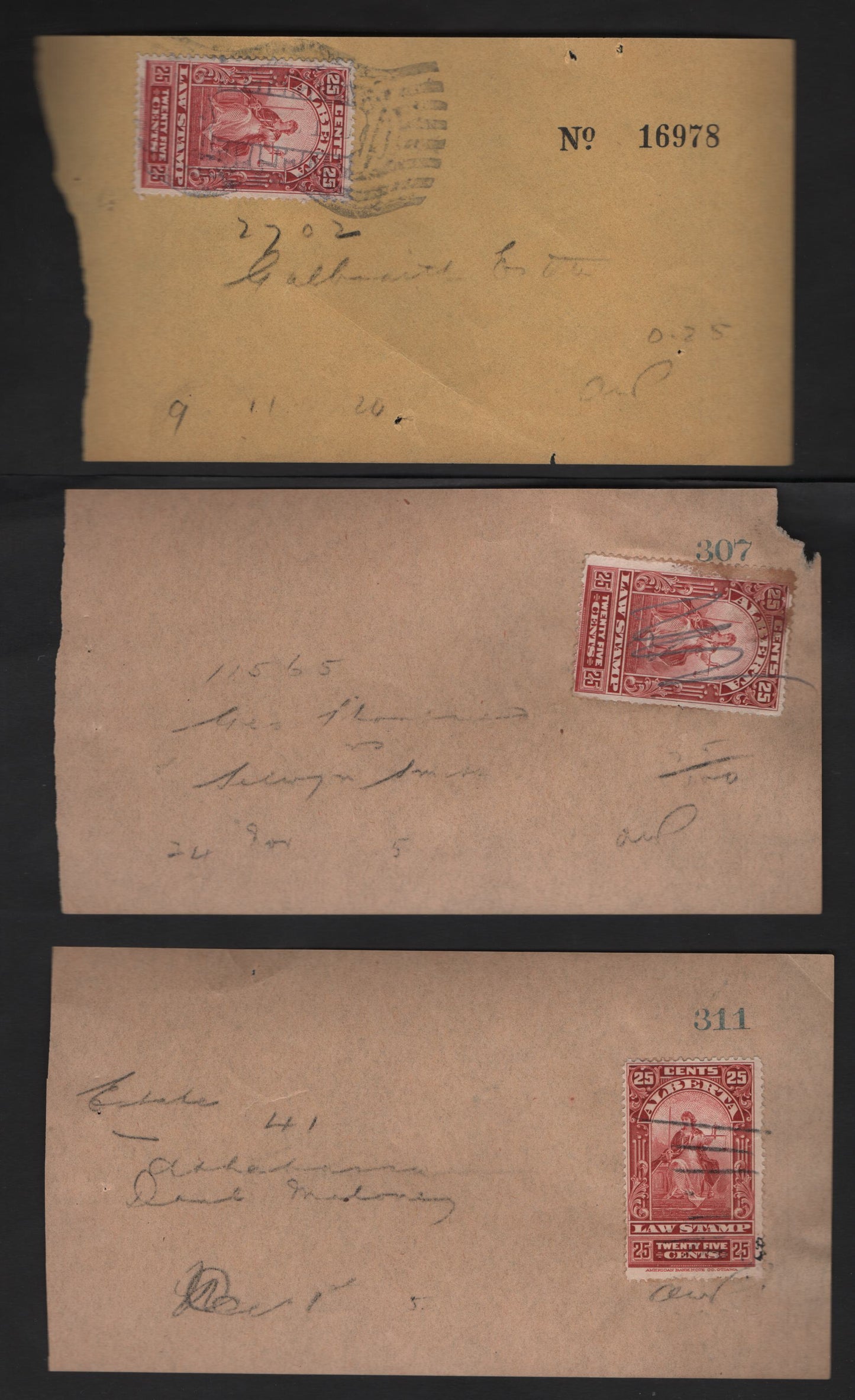 Lot 299 Canada - Province Of Alberta #AL30, AL30a 25c Lake Red & Carmine Justice, 1910-1930 Seated Justice Law Stamp Issue, 3 Fine & VF Search Receipts