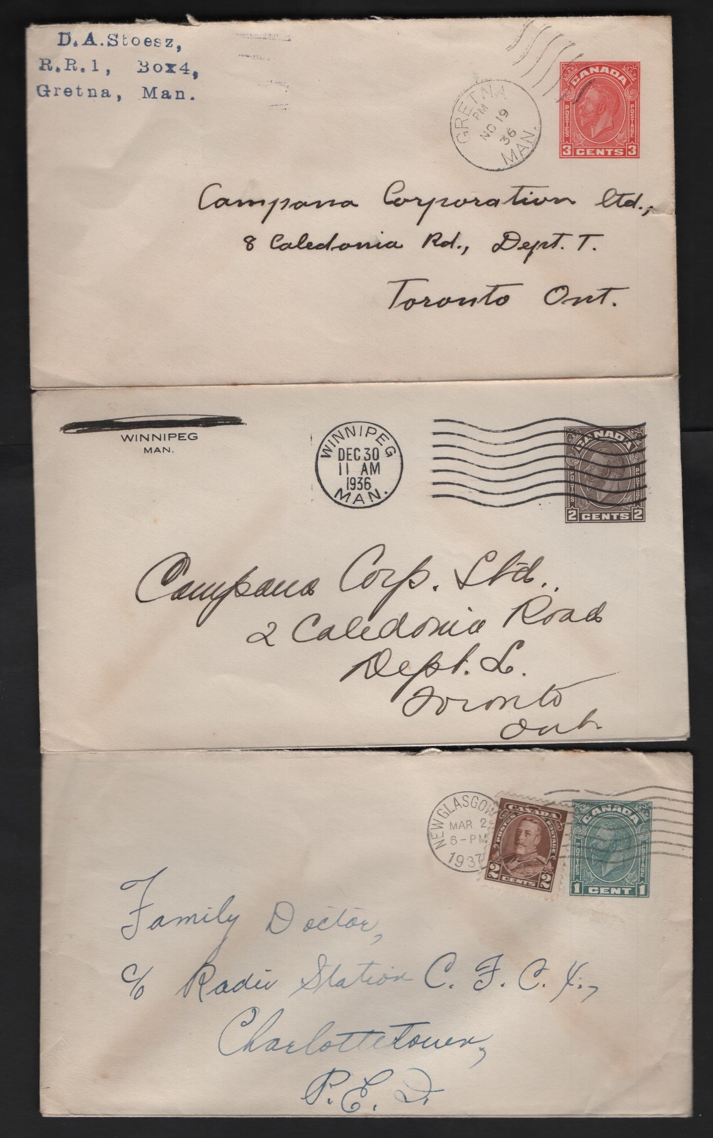 Lot 312 Canada #U46-U48, 218 1c-3c Green - Red King George V, 1933 Medallion Issue, 3 VF Postal Stationery Envelopes #8 Size, 1c Uprated to 3c With 2c Stamp