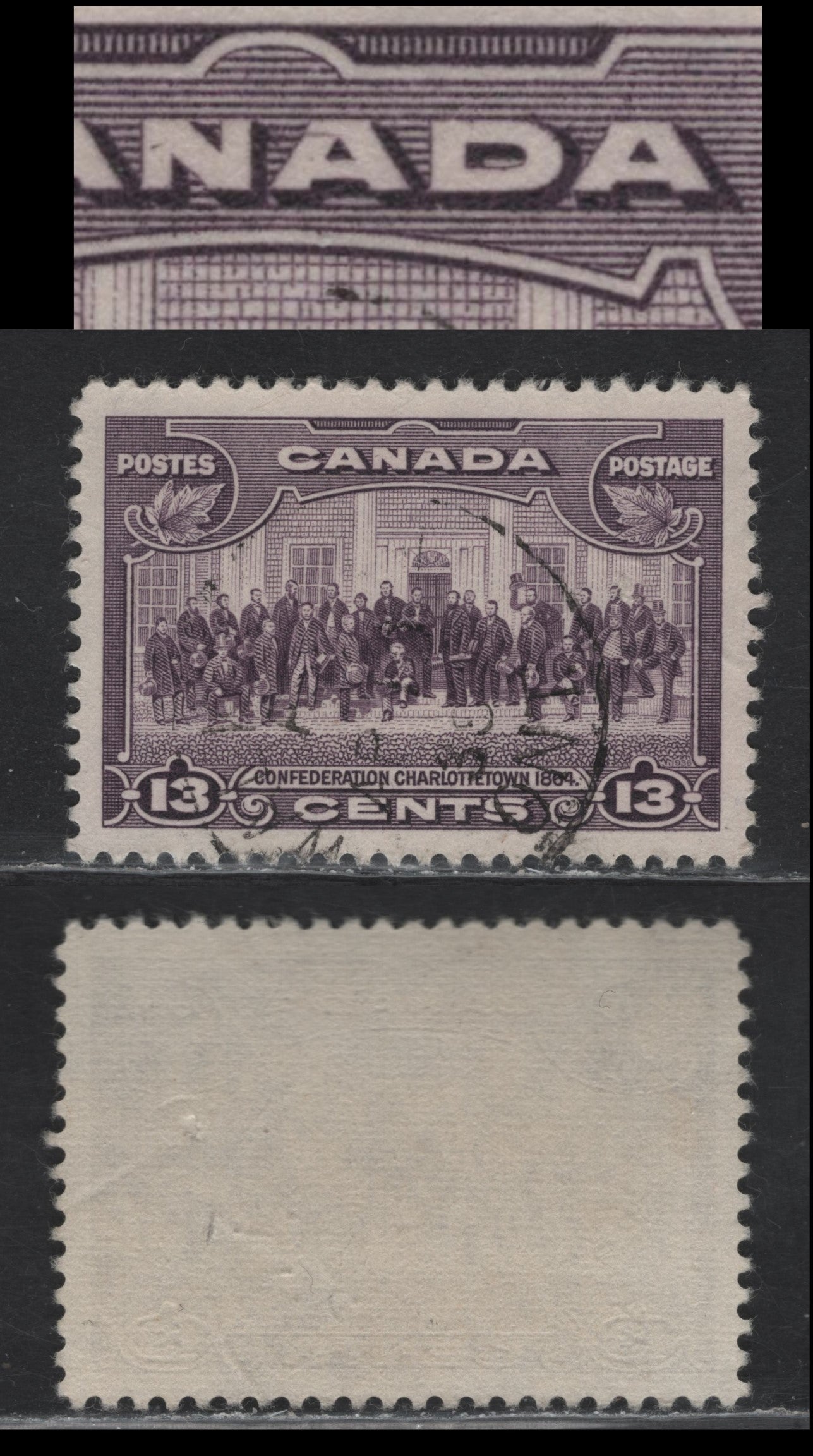 Lot 337 Canada #224var 13c Deep Rose Lialc Charlottetown, 1935 KGV Pictorial Issue, A Very Fine Used Single, Horizontal Ribbed Paper, Perf 12, Showing Fine Horizontal Line In The Top Of Second A Of Canada.